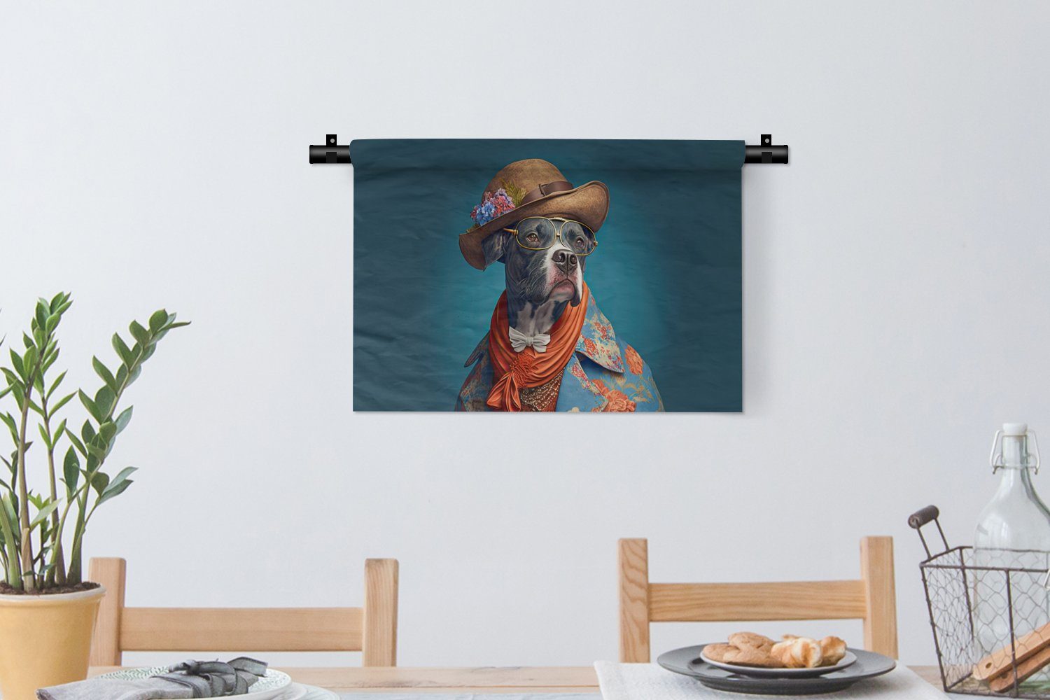 - Hund Blumen Blau, Hut - - Wohnzimmer, - Wandbehang, Kinderzimmer Wanddeko Jacke Kleid, für MuchoWow Schlafzimmer, Wanddekoobjekt