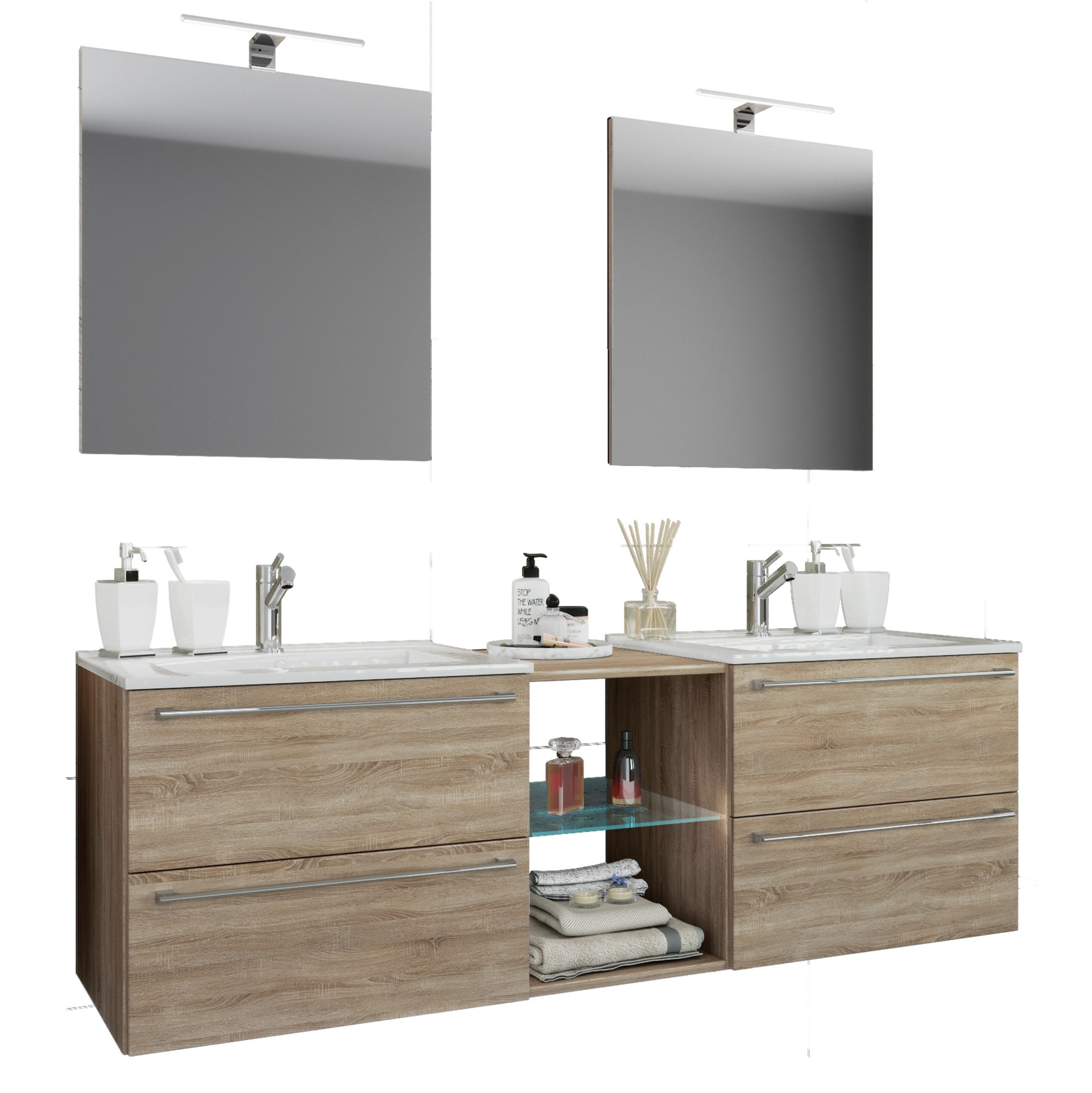 VCM Waschtisch Badinos 3er Set B. 195 x T. 46 x H. 92 cm (Set, 3-St., 2x Unterschrank 2x Waschbecken 2x Spiegel), Doppelwaschtisch für zwei Nutzer, für Bad und Gäste-WC, 6 Fächer