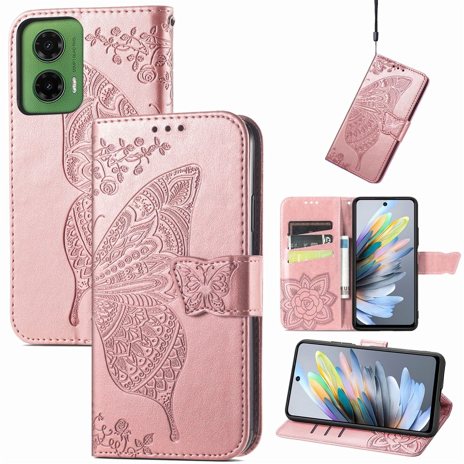 Wigento Smartphone-Hülle Für Motorola Moto G35 Kunstleder Schmetterling Handy Tasche Hülle Rosa, Kunst-Leder Schutzhülle Smart Case Cover magnetischer Verschluss