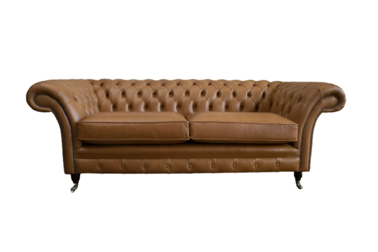 Sofa Dreisitzer Chesterfield Polstersofa in braunem Leder und Textilbezug