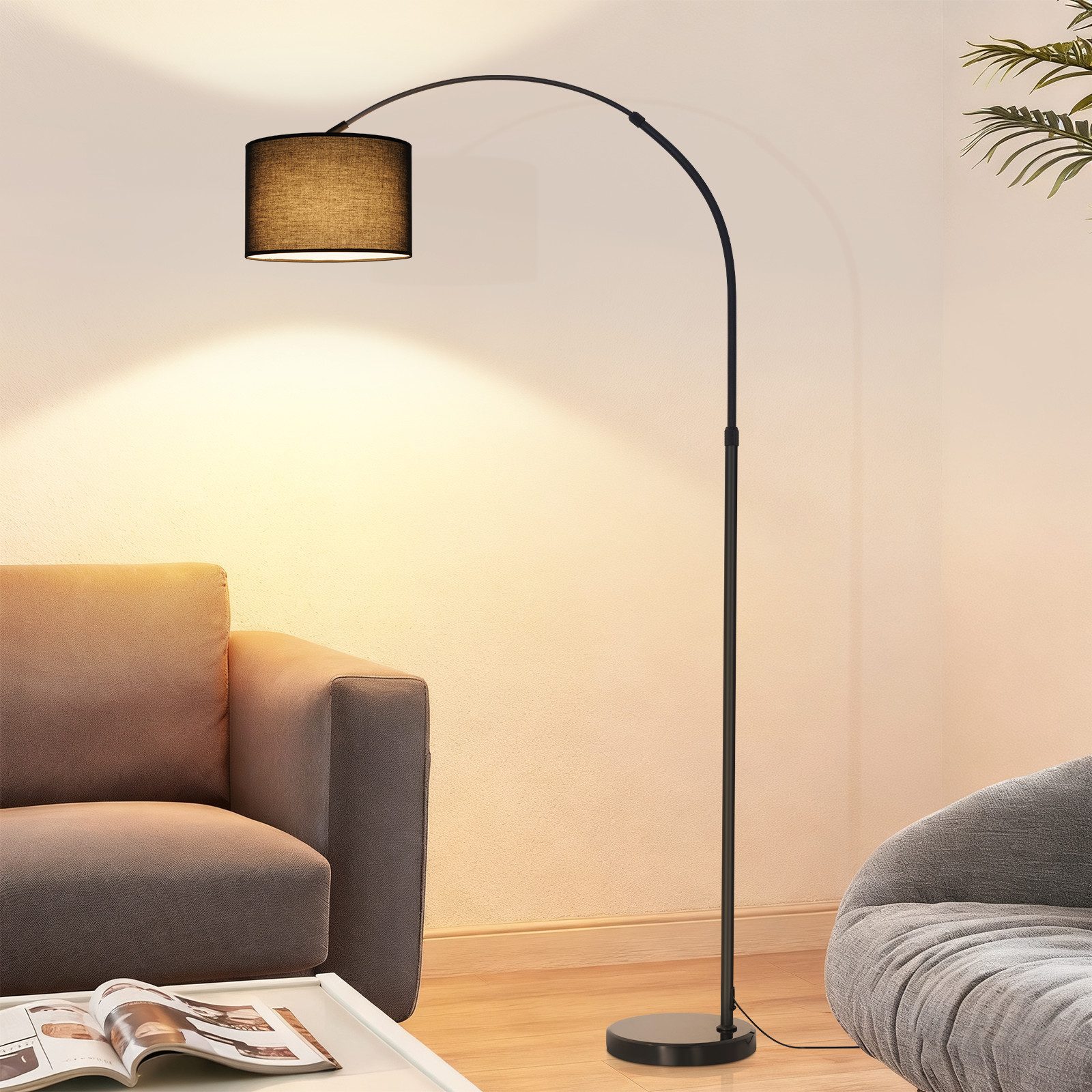 Nettlife Stehlampe Marmorsockel Bogenlampe schwarz Stoffschirm 181cm E27 Eisenständer, ohne Leuchtmittel, für Wohnzimmer Stoffschirm Ø30 cm 181 cm hoch, E27