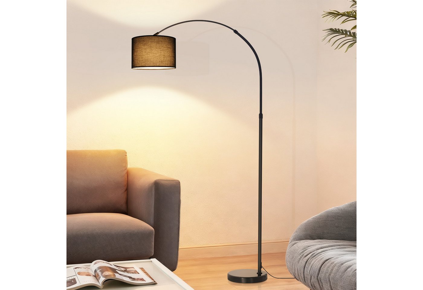 Nettlife Stehlampe standleuchte Bogenlampe schwarz Stoffschirm 181cm E27 Eisenständer, ohne Leuchtmittel, für Wohnzimmer Stoffschirm Ø30 cm 181 cm hoch, E27