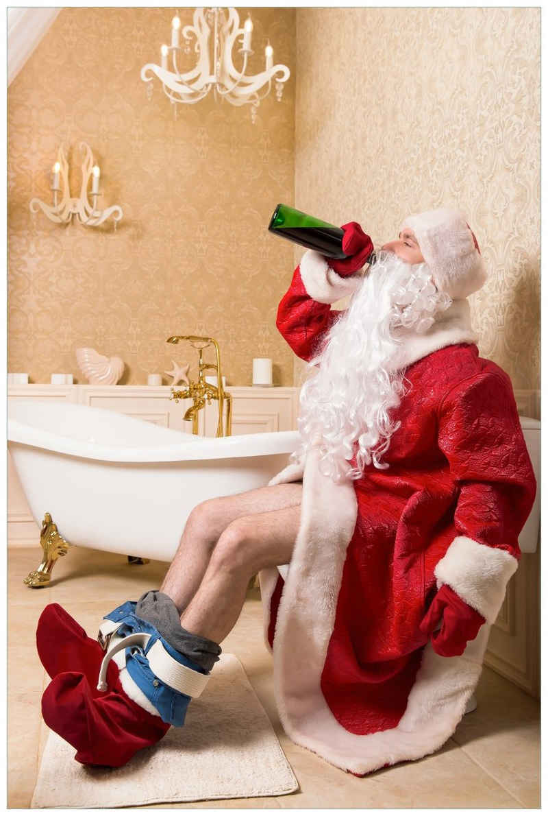 Wallario Wandfolie, Betrunkener Weihnachtsmann mit Weinflasche auf dem Klo, in verschiedenen Ausführungen
