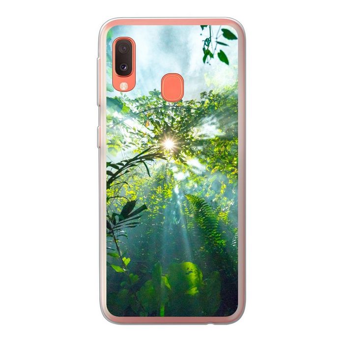 MuchoWow Handyhülle Die Sonne scheint durch die Wälder eines Regenwaldes in Malaysia Handyhülle Samsung Galaxy A20e Smartphone-Bumper Print Handy