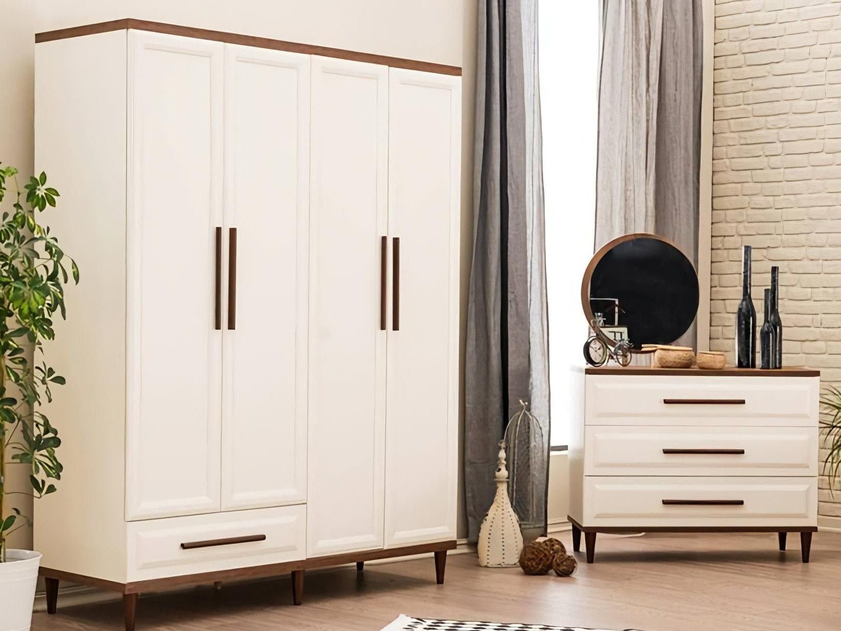 Kleiderschrank 3-teiliges Schlafzimmermöbel-Set aus Holz mit Kommode, Spiegel