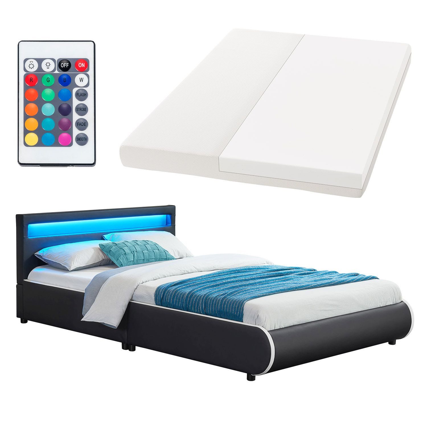 Juskys Polsterbett Sevilla, 140x200 cm, RGB-LED, Kunstleder, weiches Kopfte günstig online kaufen