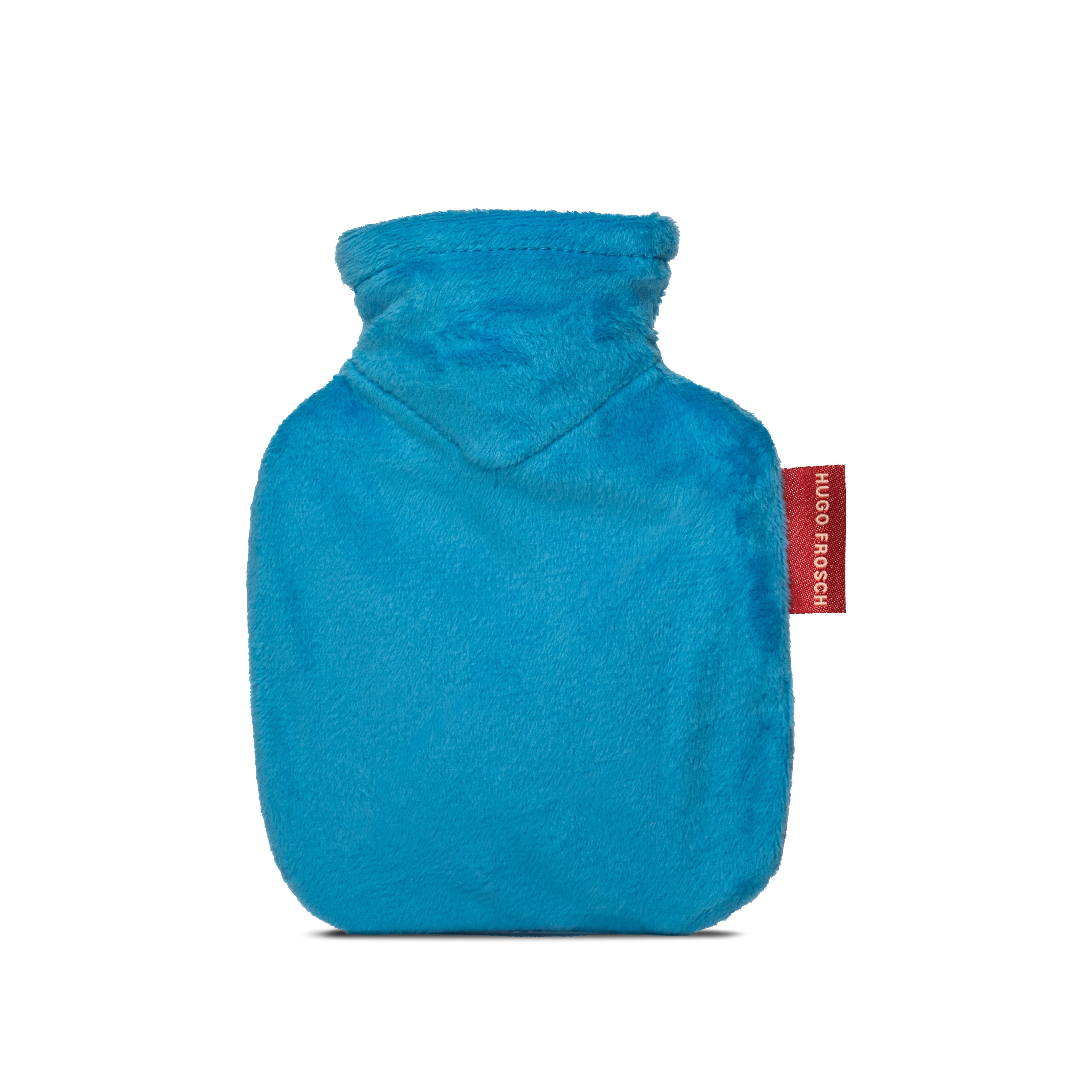 Hugo Frosch Wärmflasche Klassik Mini 0,2 l Handwärmer Made in Germany mit Veloursbezug, Wasserblau - langlebige Bettflasche, waschbarer Überzug