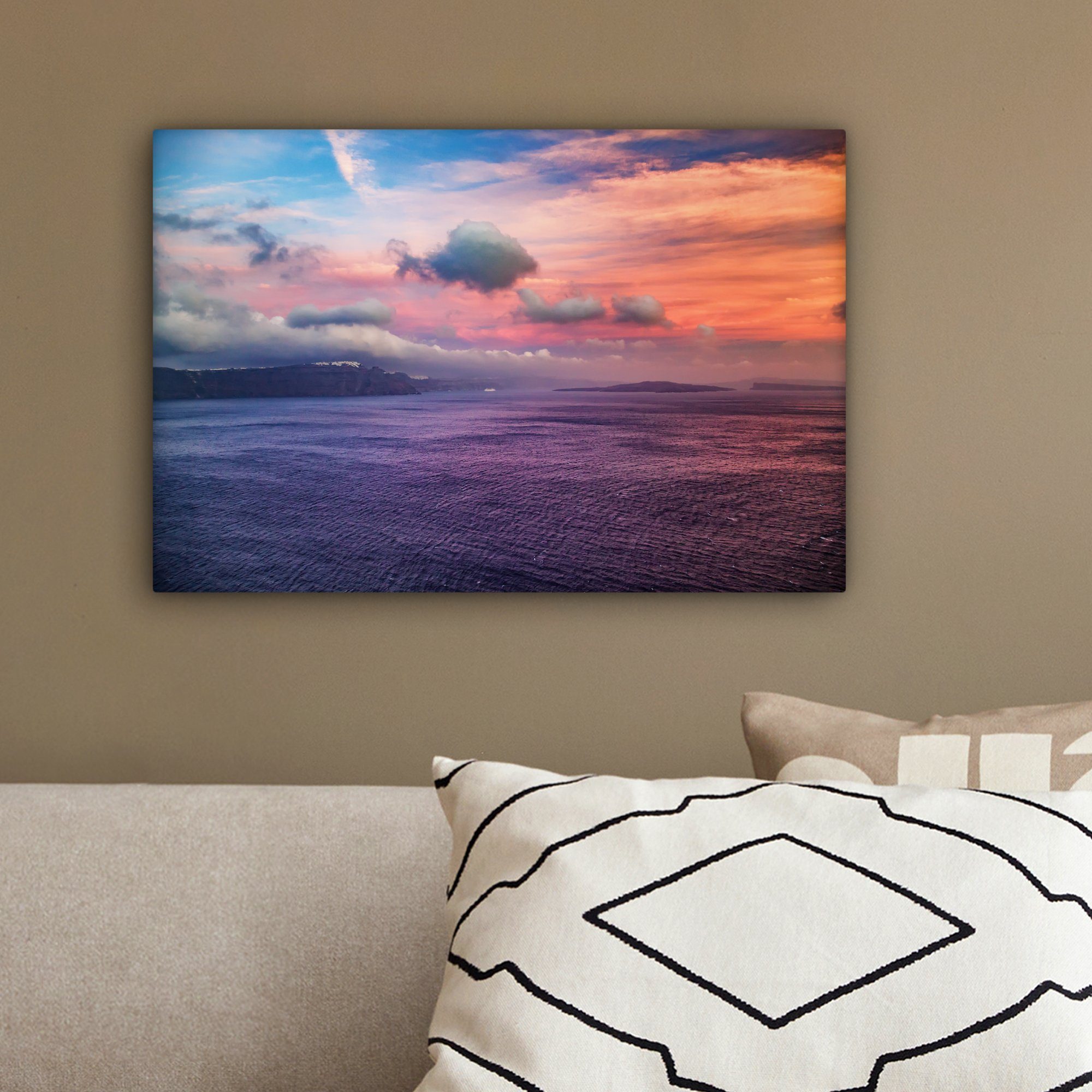 OneMillionCanvasses® Leinwandbild St), Griechenland Santorini Wandbild cm Leinwandbilder, 30x20 Wanddeko, (1 Sonnenuntergang, Aufhängefertig, bei