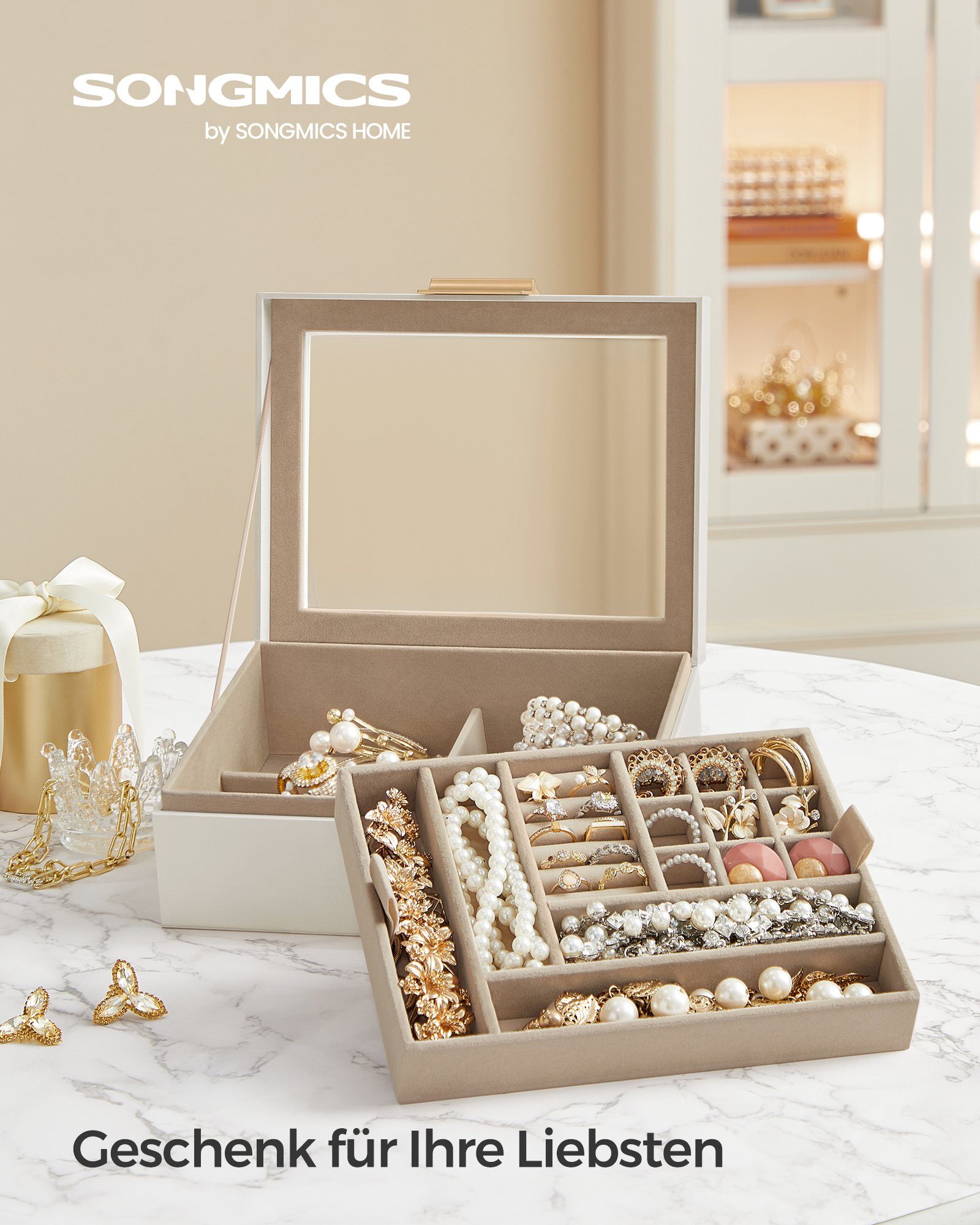 SONGMICS Schmuckkasten, mit Glasdeckel, Schmuckkasten 2 Ebenen, Schmucktabl günstig online kaufen