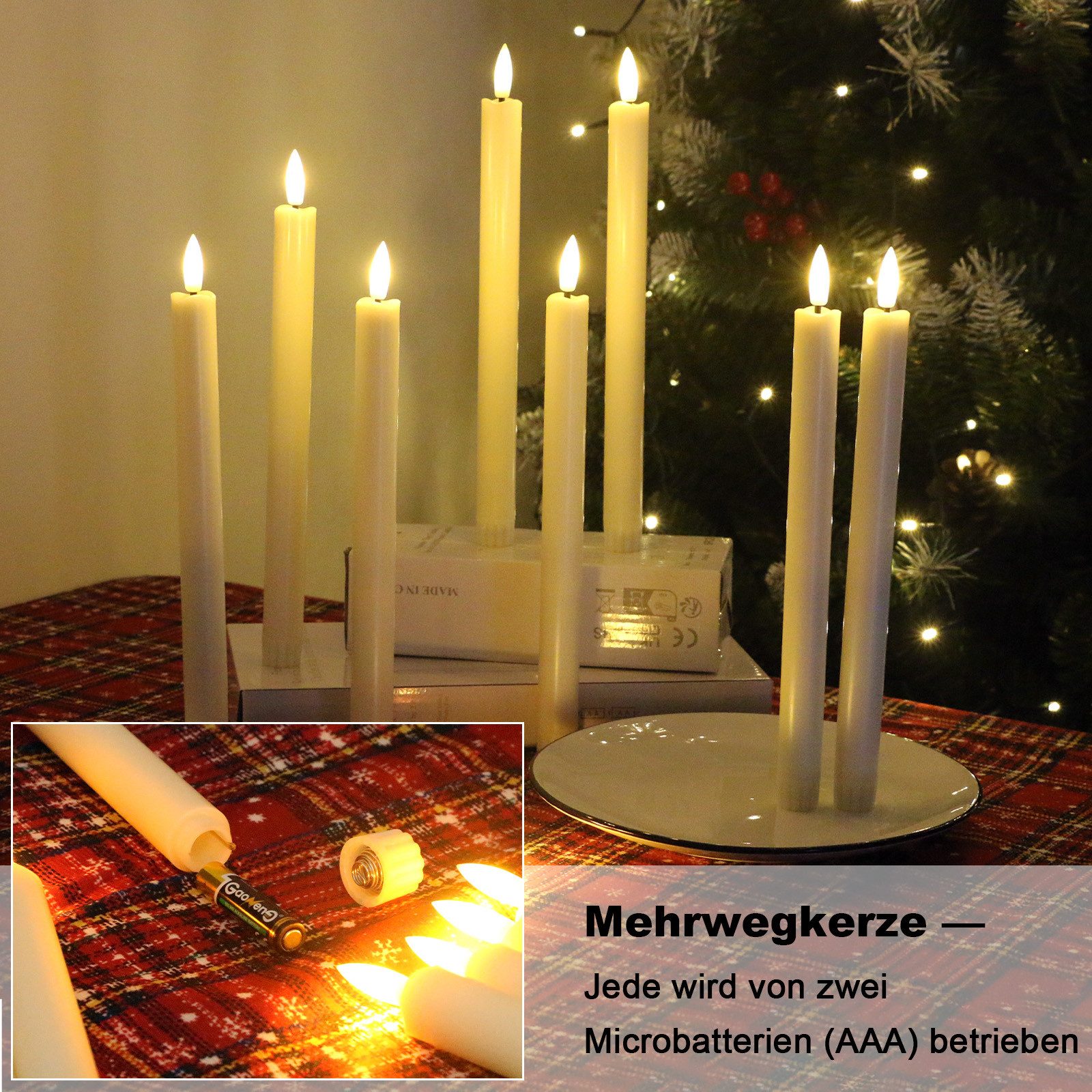 kisidus LED-Kerze LED Stabkerzen mit Fernbedienung 6 pcs Warmweiß (Flammenlose Tafelkerzen mit Timerfunktion, Tropffreie Tafelkerzen mit 12 Batterien), für Weihnachten, Heimdekoration