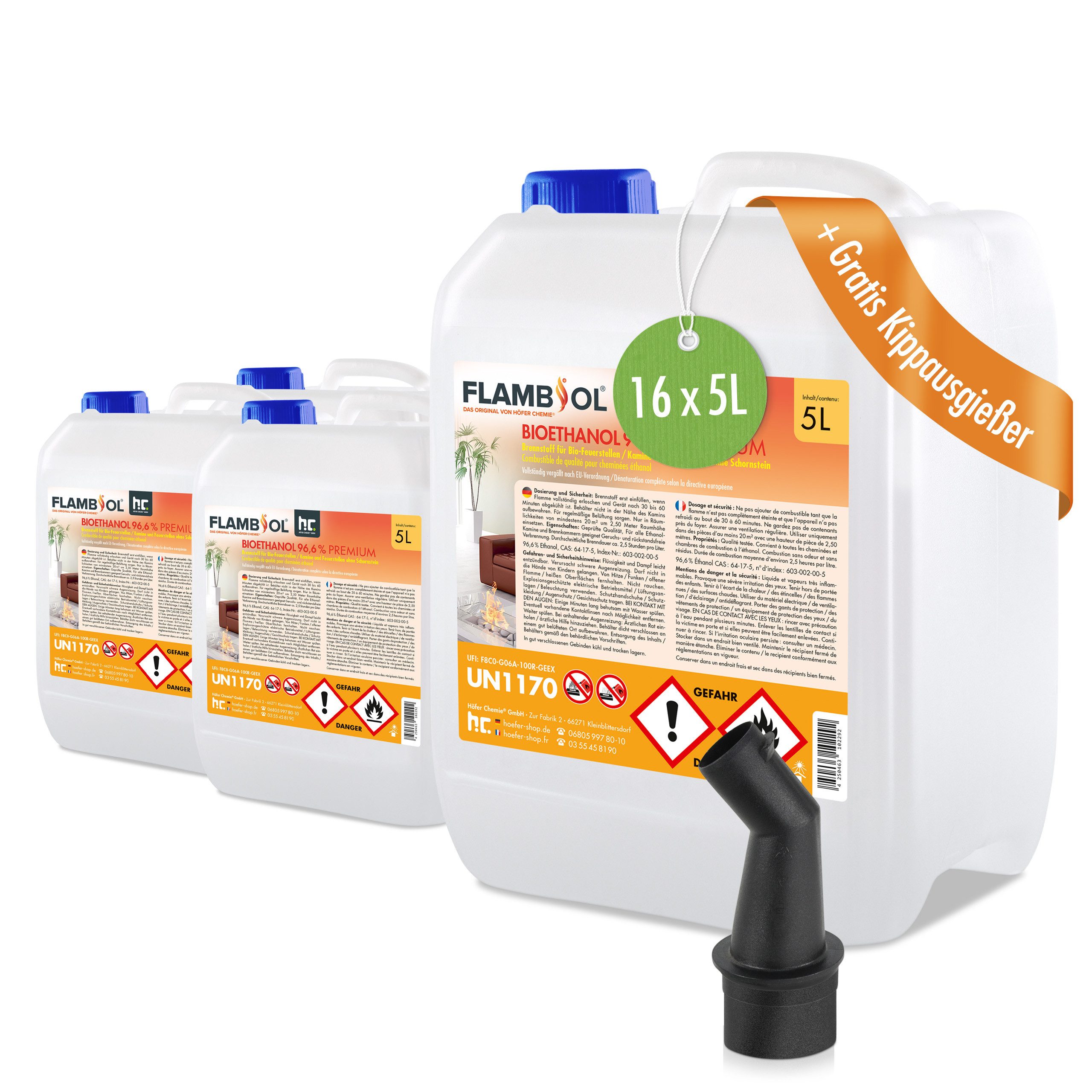 Höfer Chemie GmbH Bioethanol 16x 5L FLAMBIOL® Bioethanol 96,6% Premium für Kamine & Ethanol-Brenner, 80 l, (16-St), Sauberer Brennstoff für Kamine und Feuerstellen