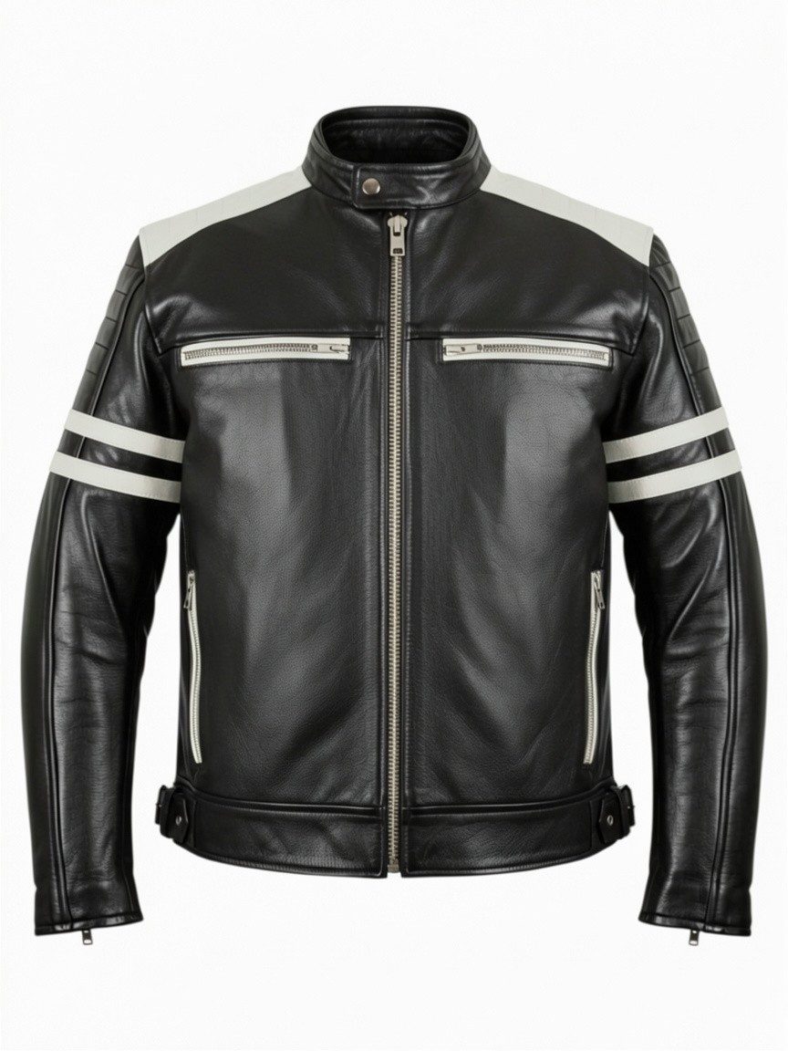 MDM Lederjacke Herren Motorrad Lederjacke Retro mit Streifen und Protektoren echtem Rindsleder, herausnehmbarem Thermofutter