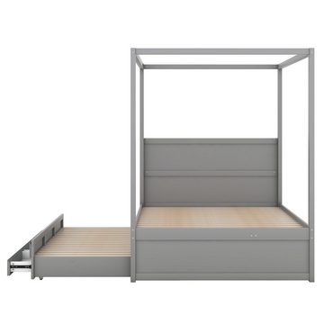 SOFTWEARY Himmelbett Doppelbett mit Lattenrost und Gästebett (140x200 cm/90x190 cm), Holzbett aus Kiefer
