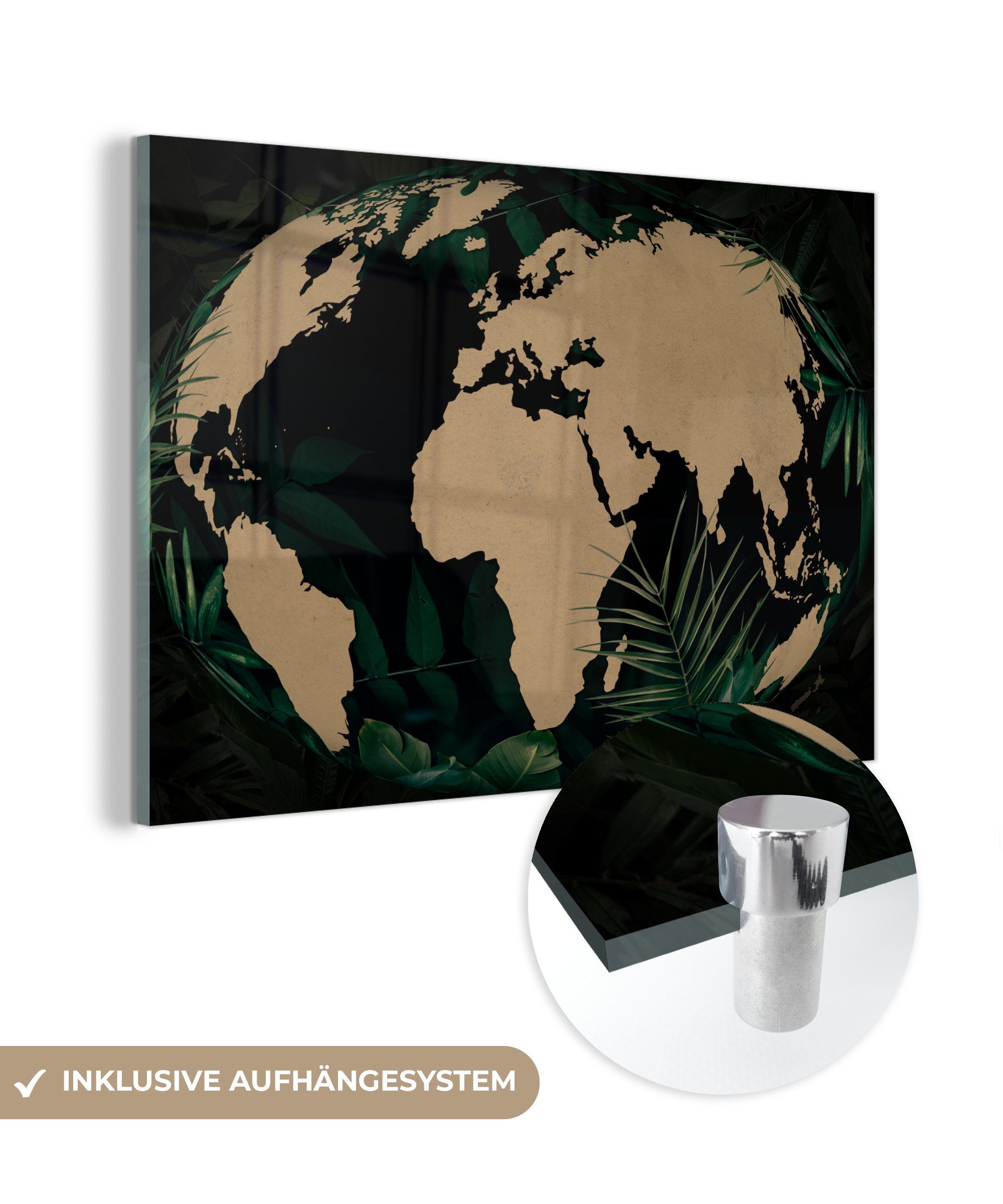 Glasbilder Wandbild - auf Wanddekoration - Glas MuchoWow Weltkarte Globus St), - Glas - Bilder Foto Acrylglasbild Pflanzen, auf - (1