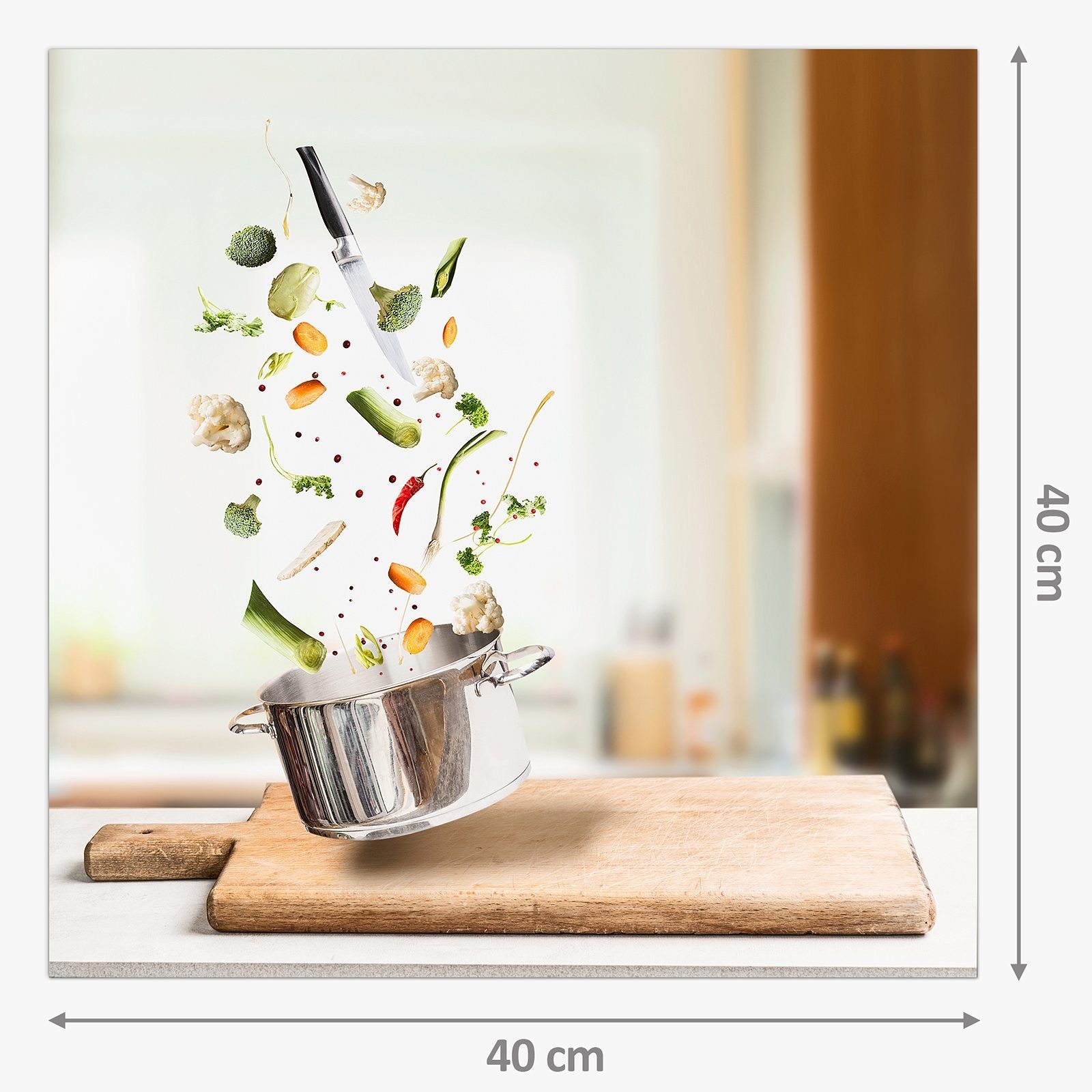 Küchenrückwand mit Primedeco Motiv Gemüse fallend in Spritzschutz Topf Glas Küchenrückwand