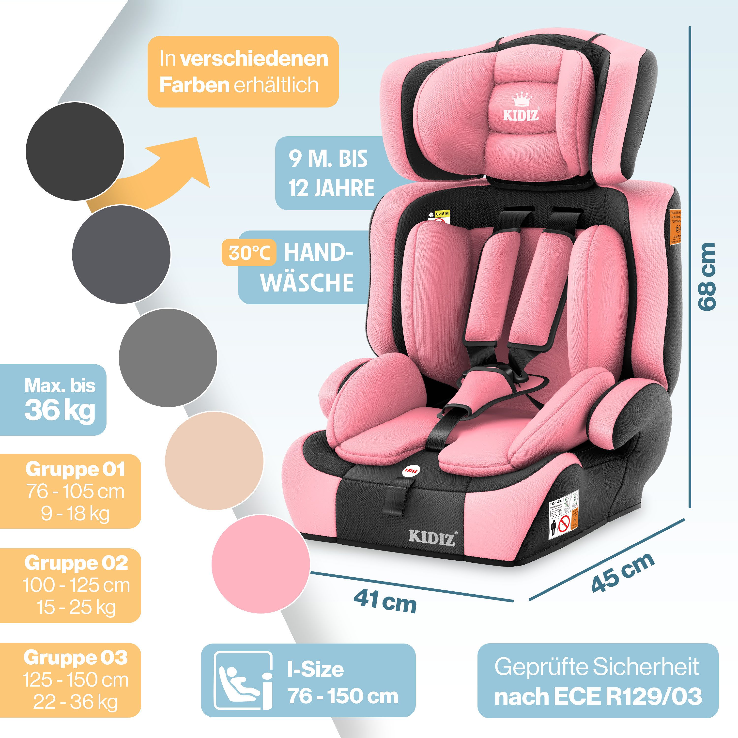 KIDIZ Autokindersitz 9-36kg Körpergewicht & 76-150cm Körpergröße, wächst mit ihrem Kind, bis: 1-12 Jahre, Geprüft & Zugelassen nach ECE R 129/03 – Bild 2 von 5