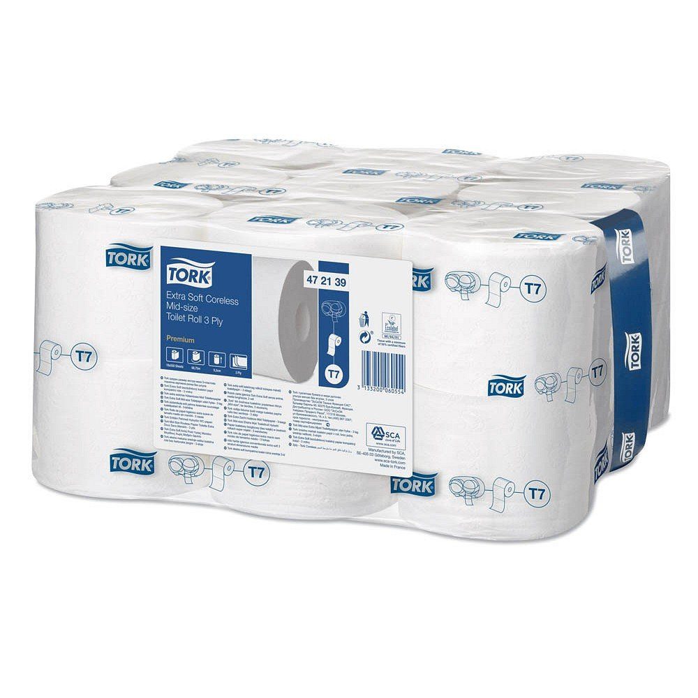TORK Toilettenpapier 18 Rollen Toilettenpapier T7 Premium hülsenlos 3-lagig weiß, Hülsenlos; 3-lagig; perforiert nach 11,5 cm