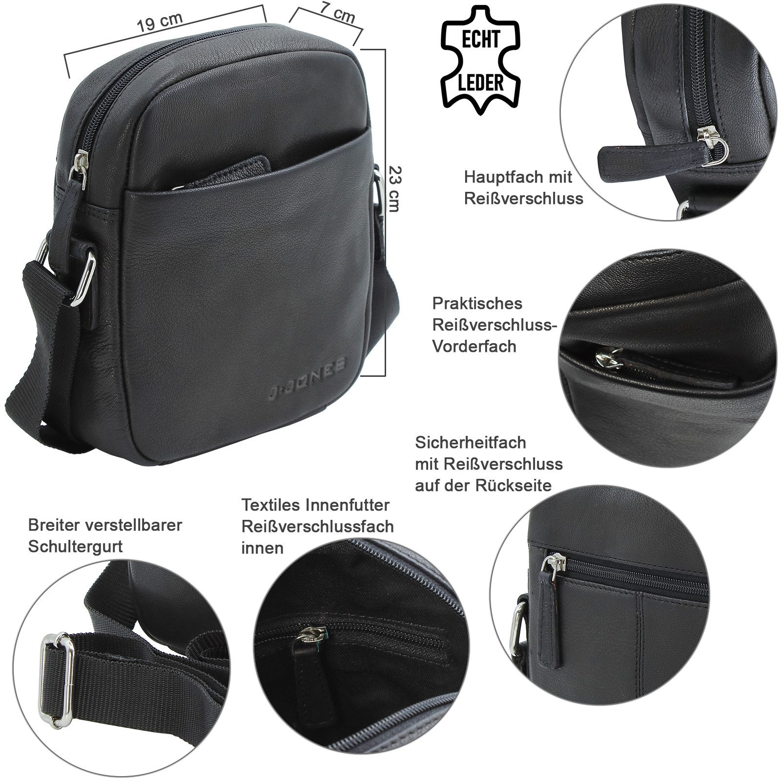 J JONES JENNIFER JONES Umhängetasche - Kleine Herren Schultertasche Leder Crossbody Bag Messenger Stil, echt Leder