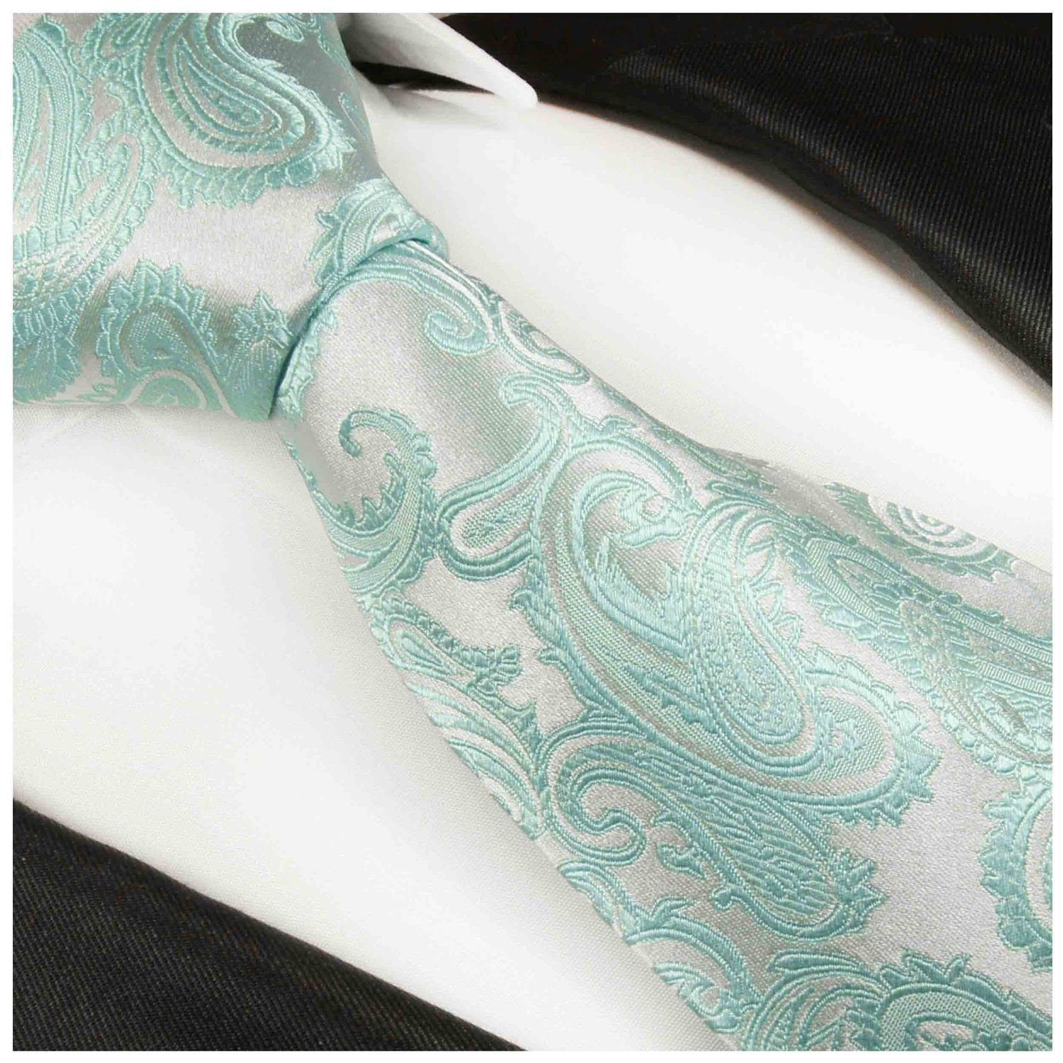 hell Seidenkrawatte paisley Einstecktuch) Krawatte türkis Krawatte 989 (Set, 2-St., Malone und Hochzeit brokat Tuch Paul Breit Seide (8cm), 100% mit