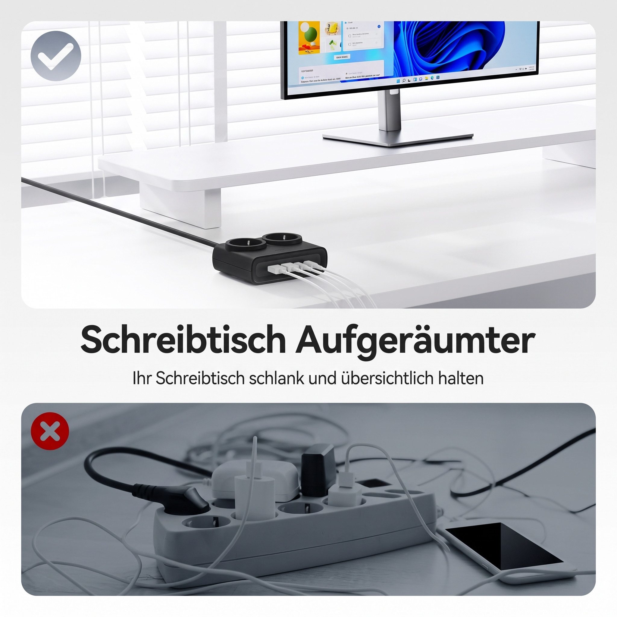 ORICO Steckdose 15W/25W GaN Mehrfachsteckdose 6-in-1 Steckdosenleiste,2AC+2USB+2CPD, acher 1,3 cm Stecke, 1-St., 1,6 m Kabel, 2500 W., für Haushalt & Büro – Bild 4 von 5
