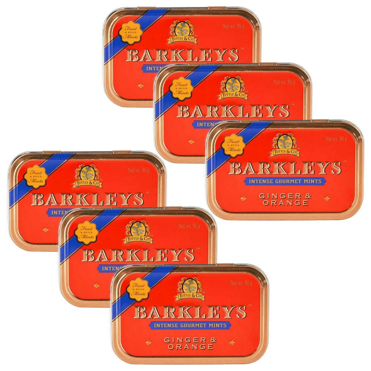 BARKLEYS Süßigkeit, Barkleys Ginger und Orange Pastillen in einer Metalldose 50g 6er Pack