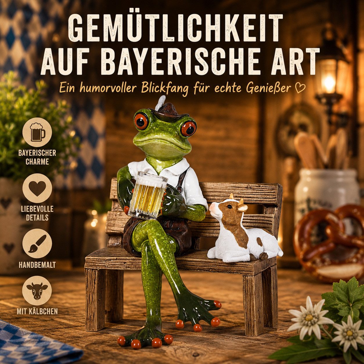 formano Sammelfigur Frosch mit Bier auf Bank 14 cm handbemalte Dekofigur Bayern