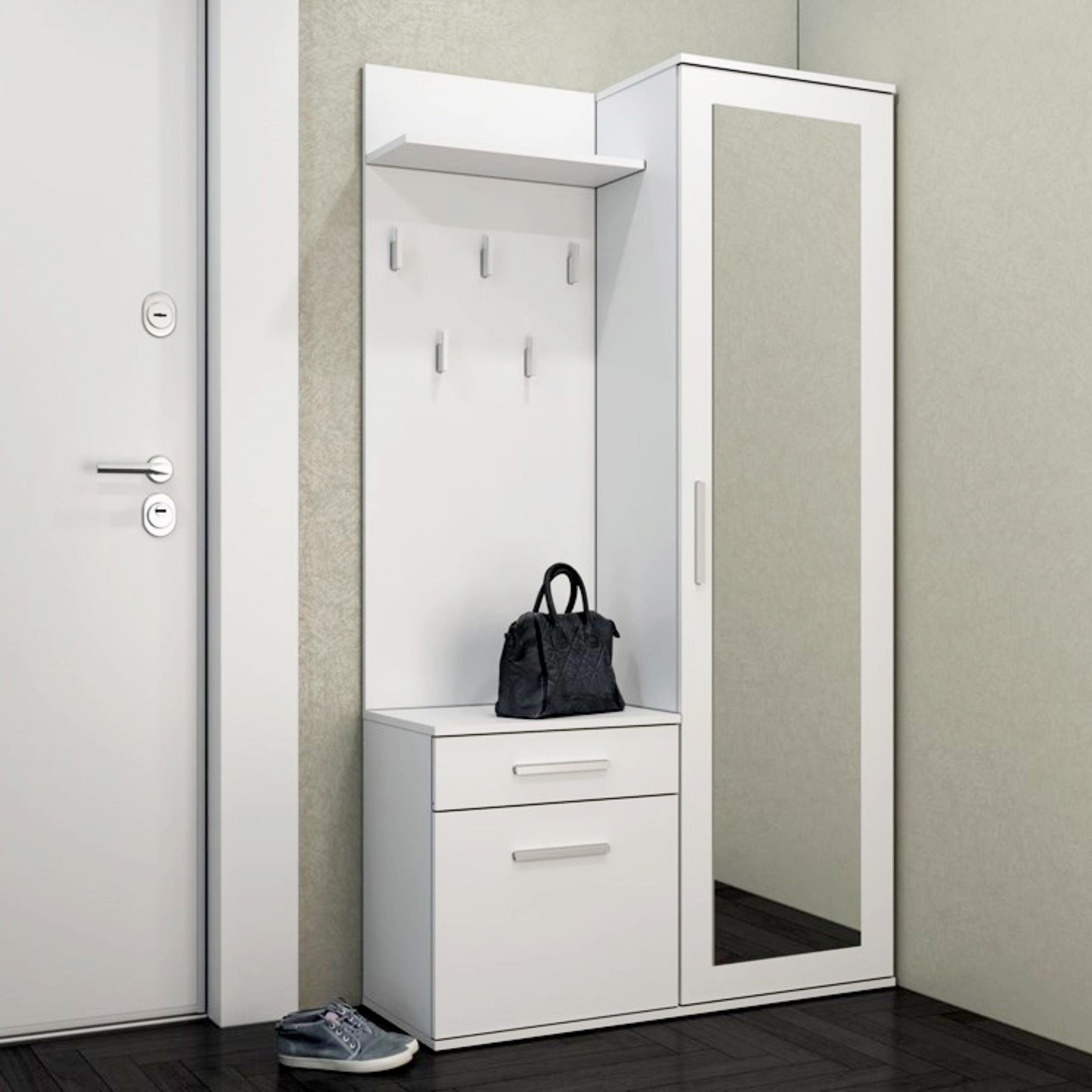 Beautysofa Kompaktgarderobe Fiora (Garderobenschrank + Paneel + Schuhschrank, 3-St., Garderoben-Set, 5 Kleiderhaken) 120 cm breit, inkl. Spiegel Weiß