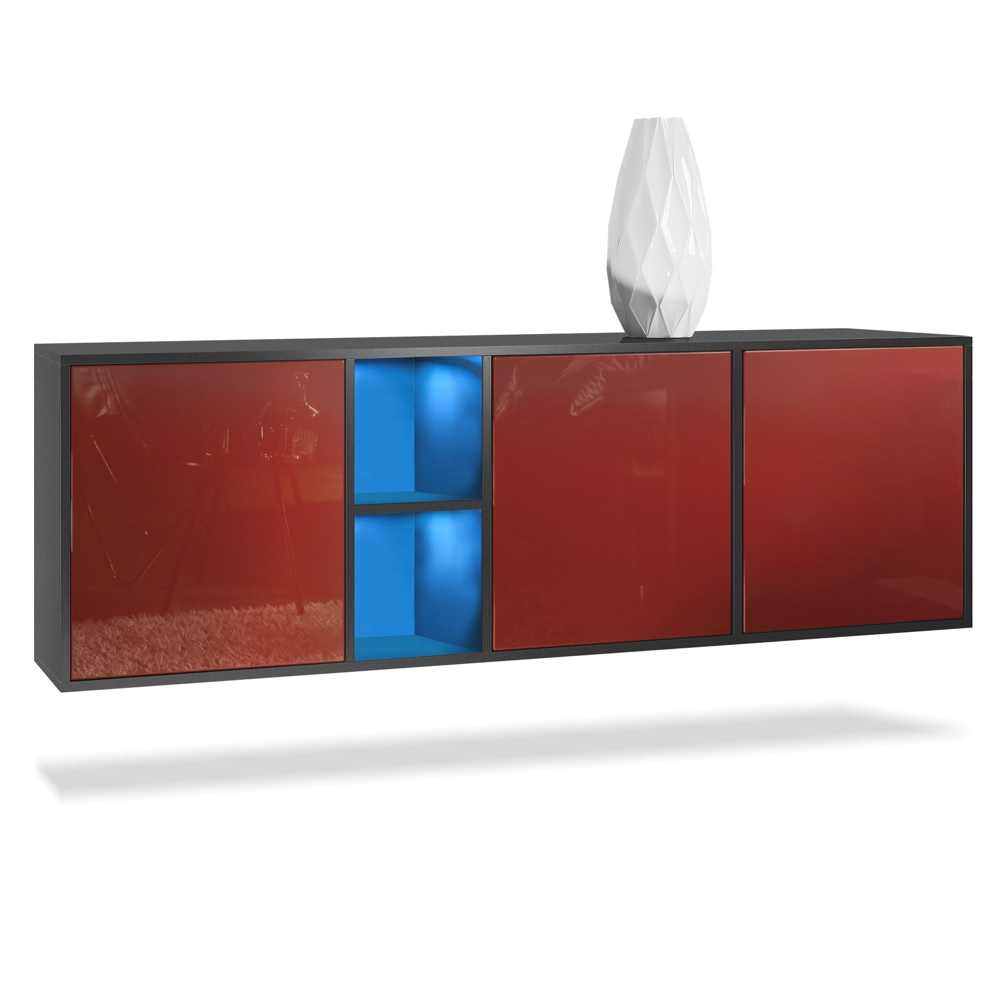 Vladon Sideboard Cuba (Kommode, mit 3 Türen und 2 offene Fächer), Schwarz matt/Brodeaux Hochglanz inkl. LED-Beleuchtung (182x53x35 cm)