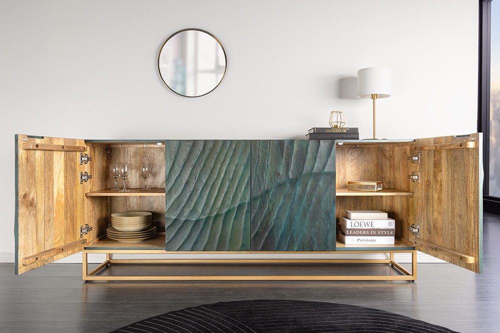 riess-ambiente Sideboard SCORPION 180cm türkis / gold · Anrichte aus Mango-Massivholz, Metall-Gestell · Kommode mit 4 Fächern · 3D Schnitzereien · Wohnzimmer – Bild 5 von 5
