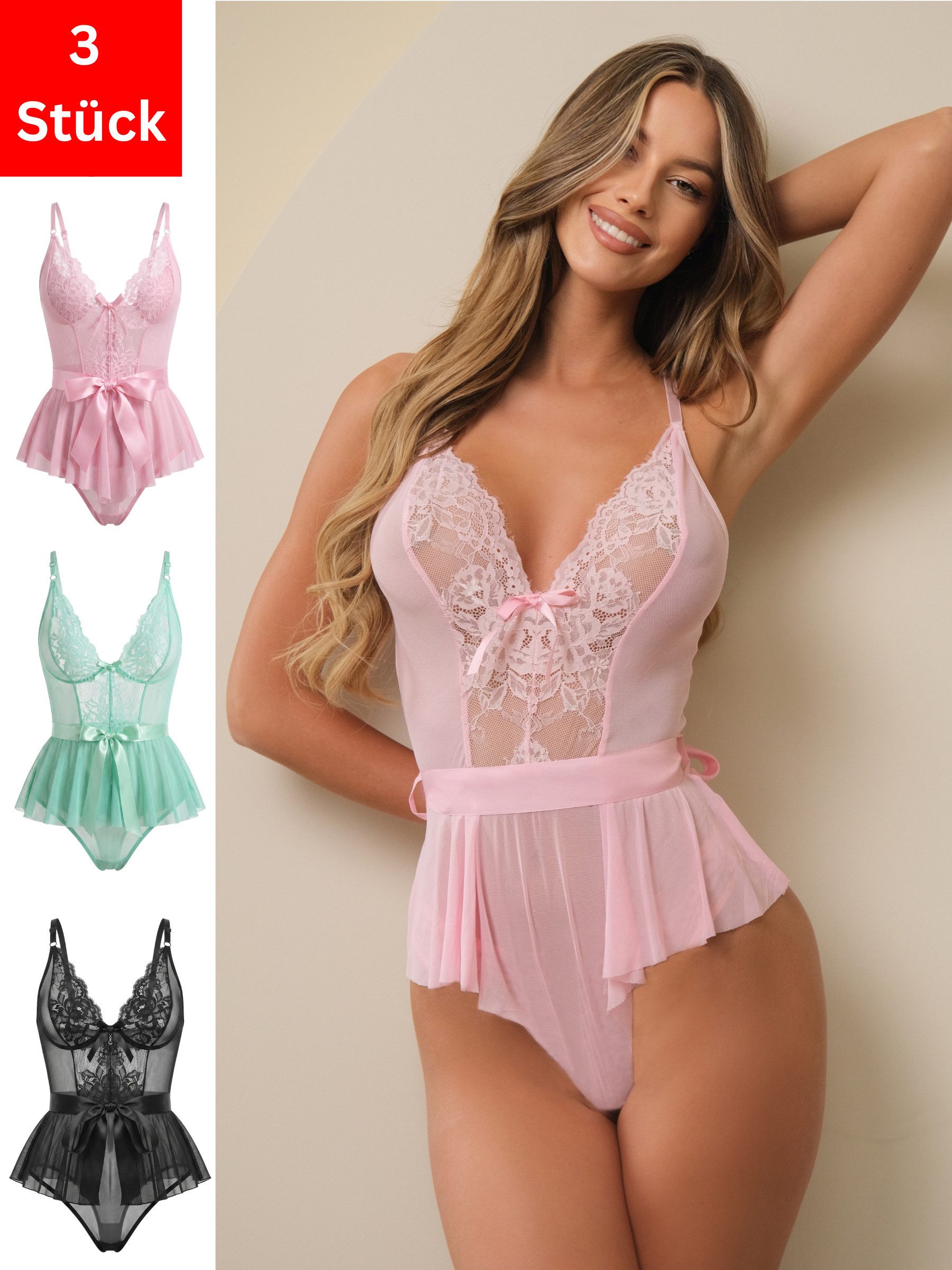 Elegant Love Body Tüllbody Damen mit Spitze – Sexy Dessous mit überkreuztem Rücken (Packung, 3-tlg., 3er-Pack) Teddy mit floraler Spitze & dekorativer Schleife