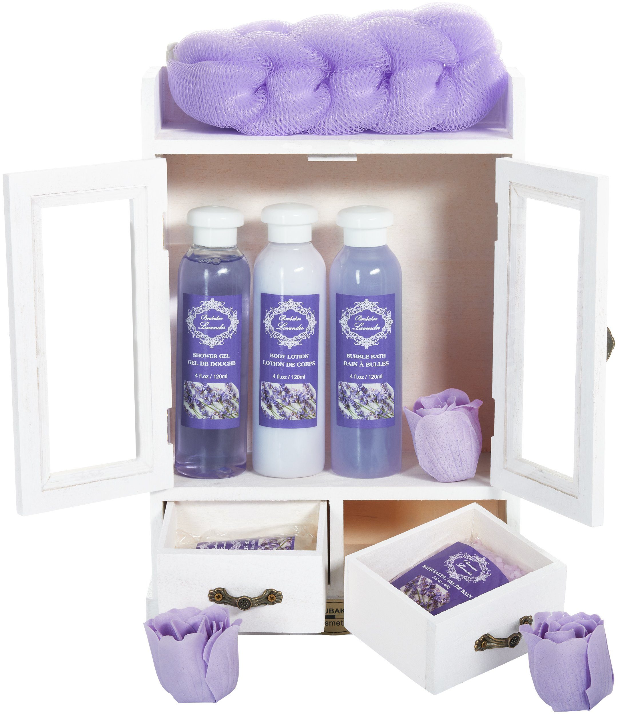BRUBAKER Hautreinigungs-Set Bade- und Dusch Set, Badeset mit Lavendel Duft, Pflegeset, 10-tlg., Geschenkset im Vintage-Schränkchen für Frauen, reinigend und pflegend