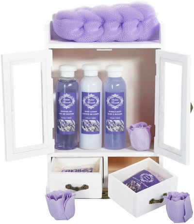 BRUBAKER Hautreinigungs-Set Bade- und Dusch Set, 10-tlg., Geschenkset im Vintage-Schränkchen für Frauen, Badeset mit Lavendel Duft, Pflegeset reinigend und pflegend