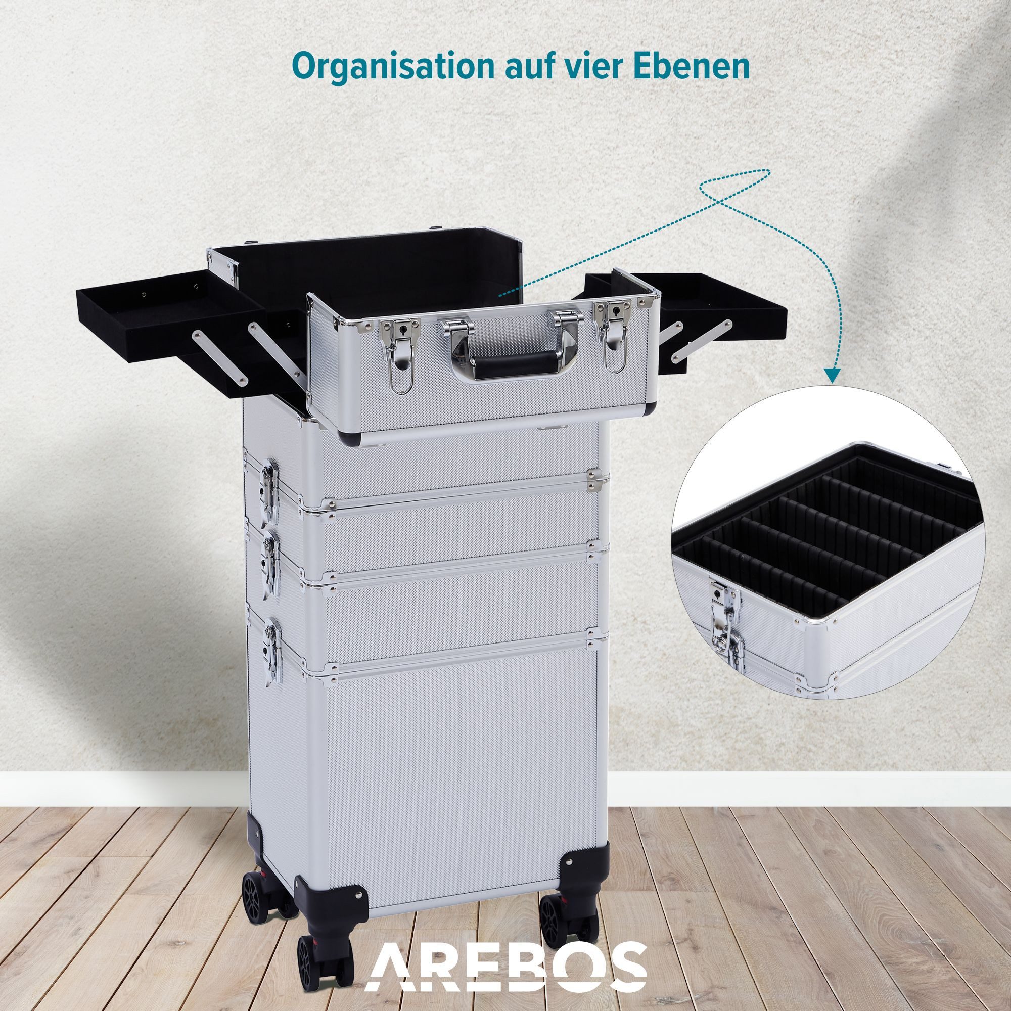 Arebos Kosmetikkoffer Schminkkoffer Beautykoffer Pilotenkoffer Friseurkoffer XL, Maße: 35 x 25 x 75 cm – Bild 5 von 5