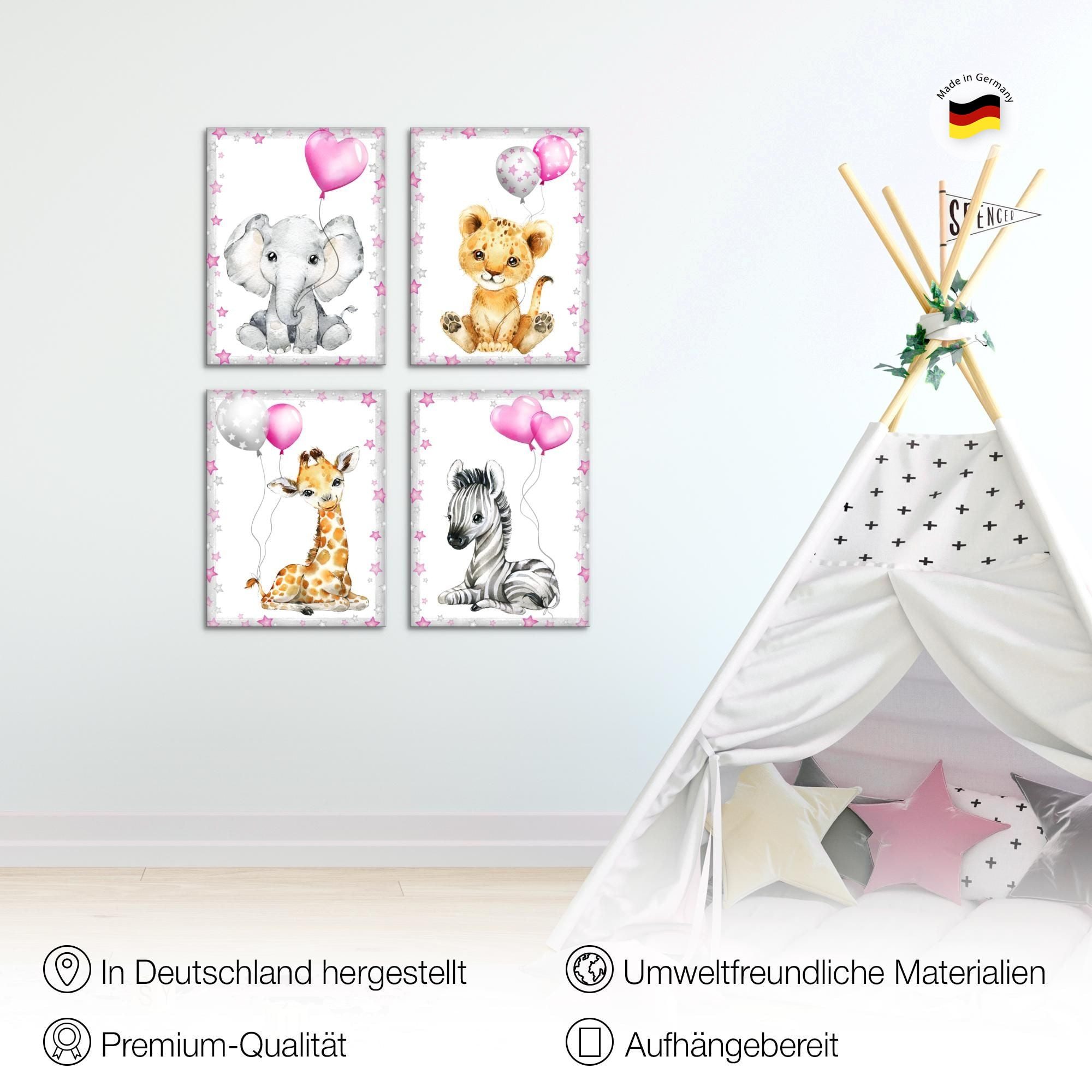 Novart Wandbild Kinderzimmer Wandbilder Set Tiere - 4 Bilder 30x40 cm Aufhängfertig, Pink