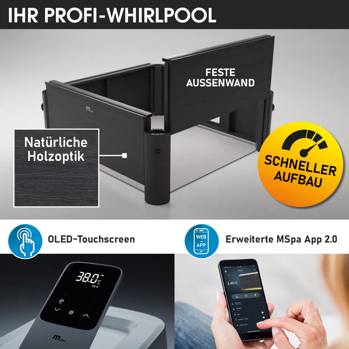 BRAST Whirlpool MSpa Oslo, Sapphire & Amber mit Fester Außenwand, (160x160x65cm, 3 Modelle, LED-Beleuchtung, 6 Personen), Ganzjähriger Einsatz Winterfest