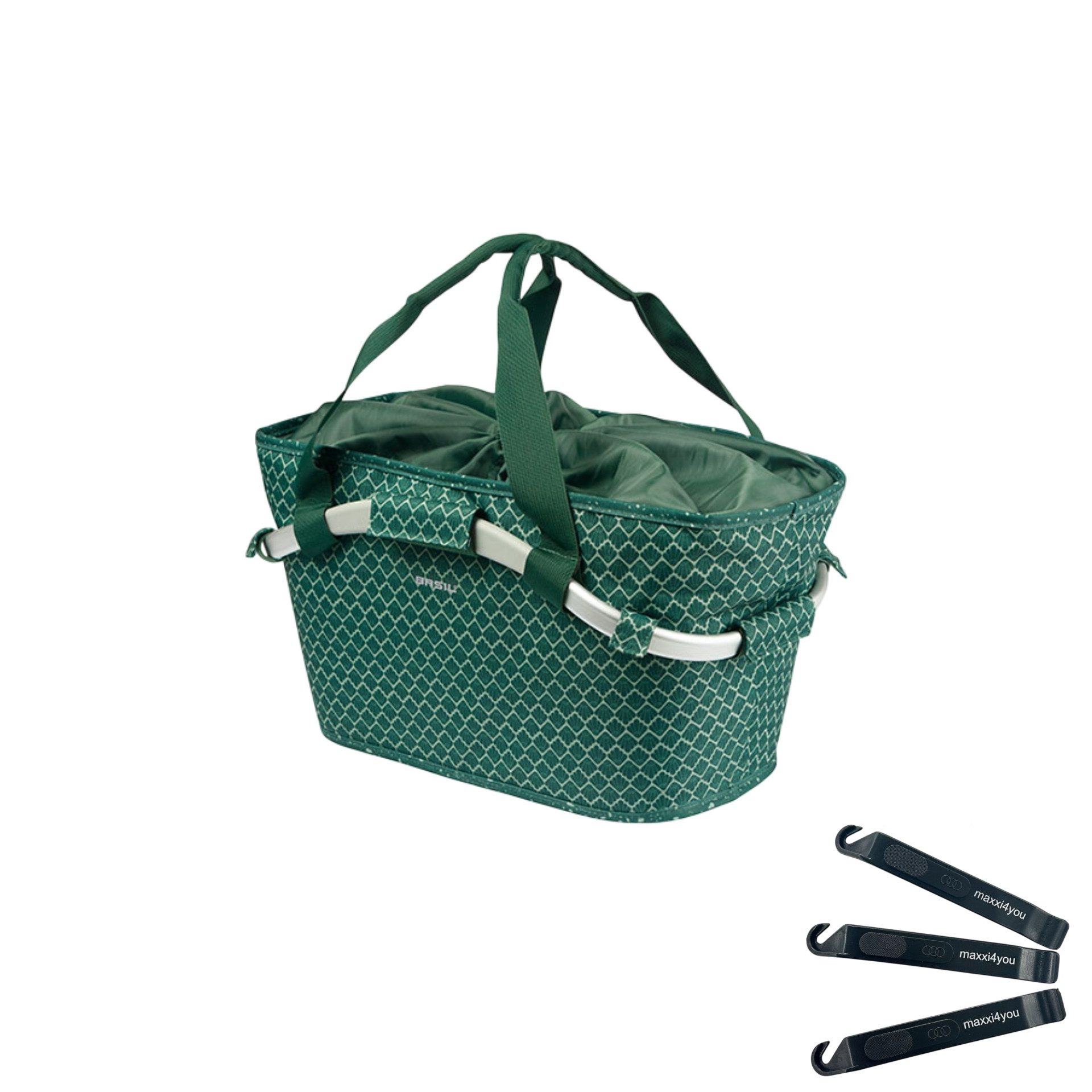 maxxi4you Fahrradkorb Basil Flair Carry All MIK 2.0 Grün inkl. maxxi4you Reifenheber (Set, 4-tlg., Gepäckträgerkorb mit maxxi4you Reifenheber 3er-Set), abnehmbar, wasserabweisend, reflektierende Details