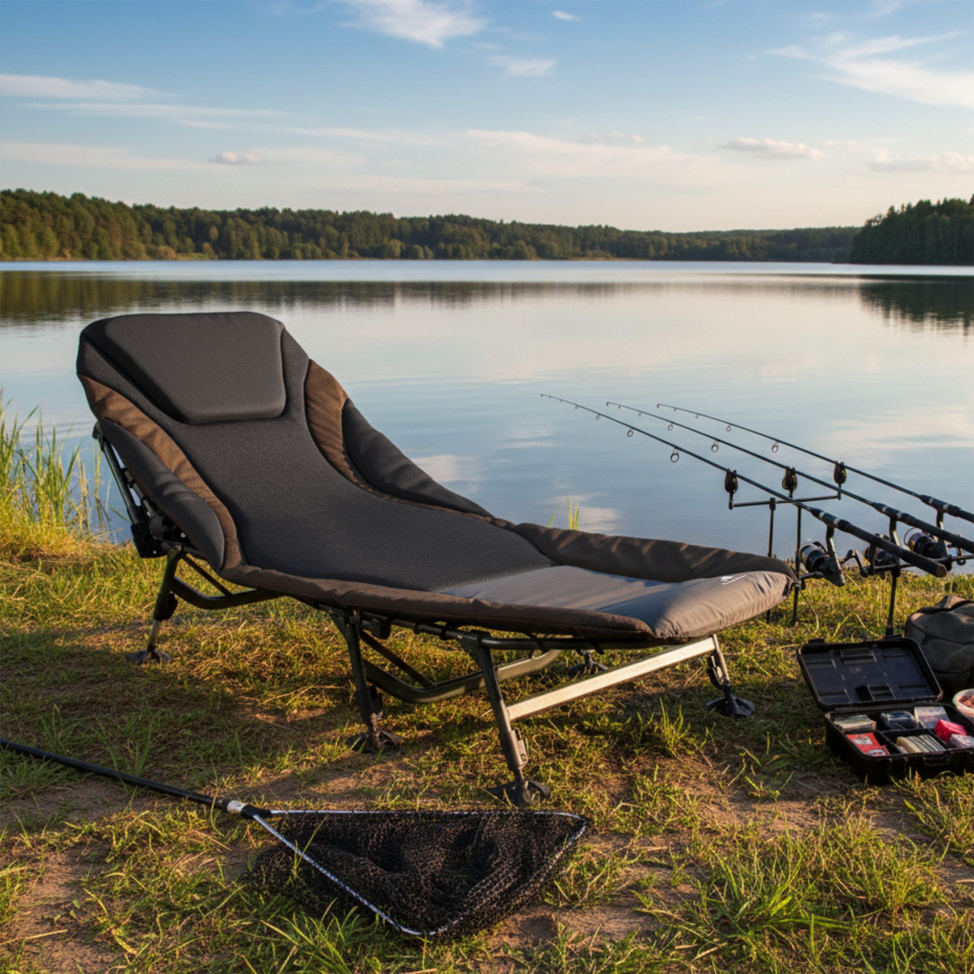 CampFeuer Angelliege Karpfenliege XXL 207 x 88 x 30-106 cm, Braun, Campingliege mit 8 Beine