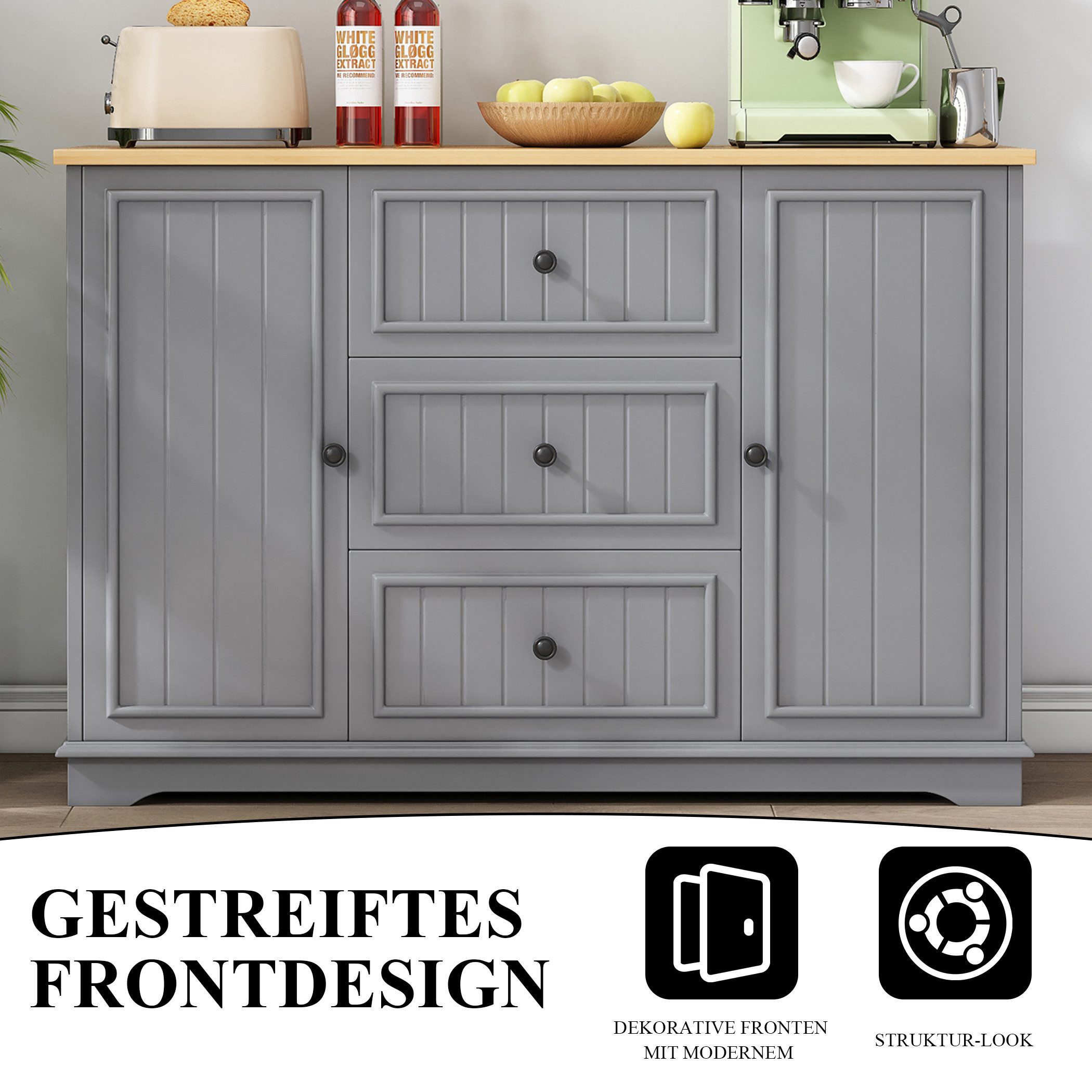 SeedWave Buffet Vielseitiges Küche Sideboard 126cm mit Schubladen & 2 Schranktüren Anrichte mit gestreiften Fronten, verstellbaren Fächern