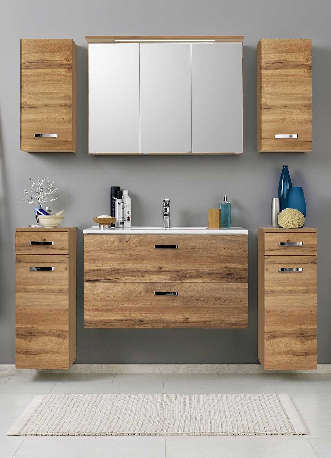 HELD MÖBEL Spiegelschrank MULTI, B 80 cm, Wotan Eiche Dekor, mit LED-Kranzbodenbeleuchtung