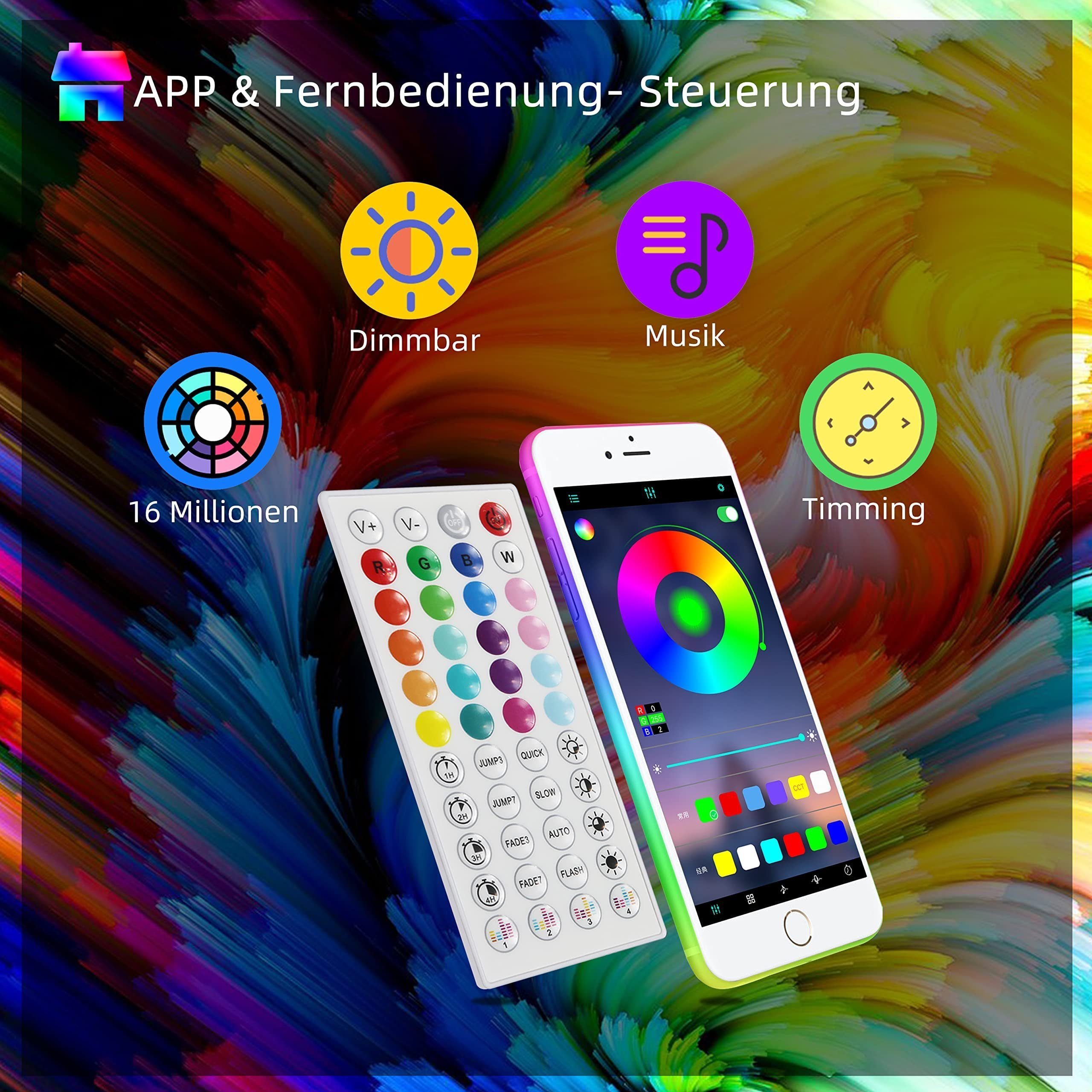 App LED-Streifen mit 2-flammig, Fernbedienung einstellbar Music ZMH LED-Streifen, 1x 30M, RGB Sync