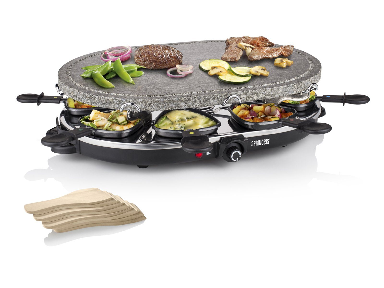 PRINCESS Раклетници, 8 Раклетнициpfännchen, Großer Tisch-Grill für 2-8 Personen, Raclet Gerät heißer Stein-Platte