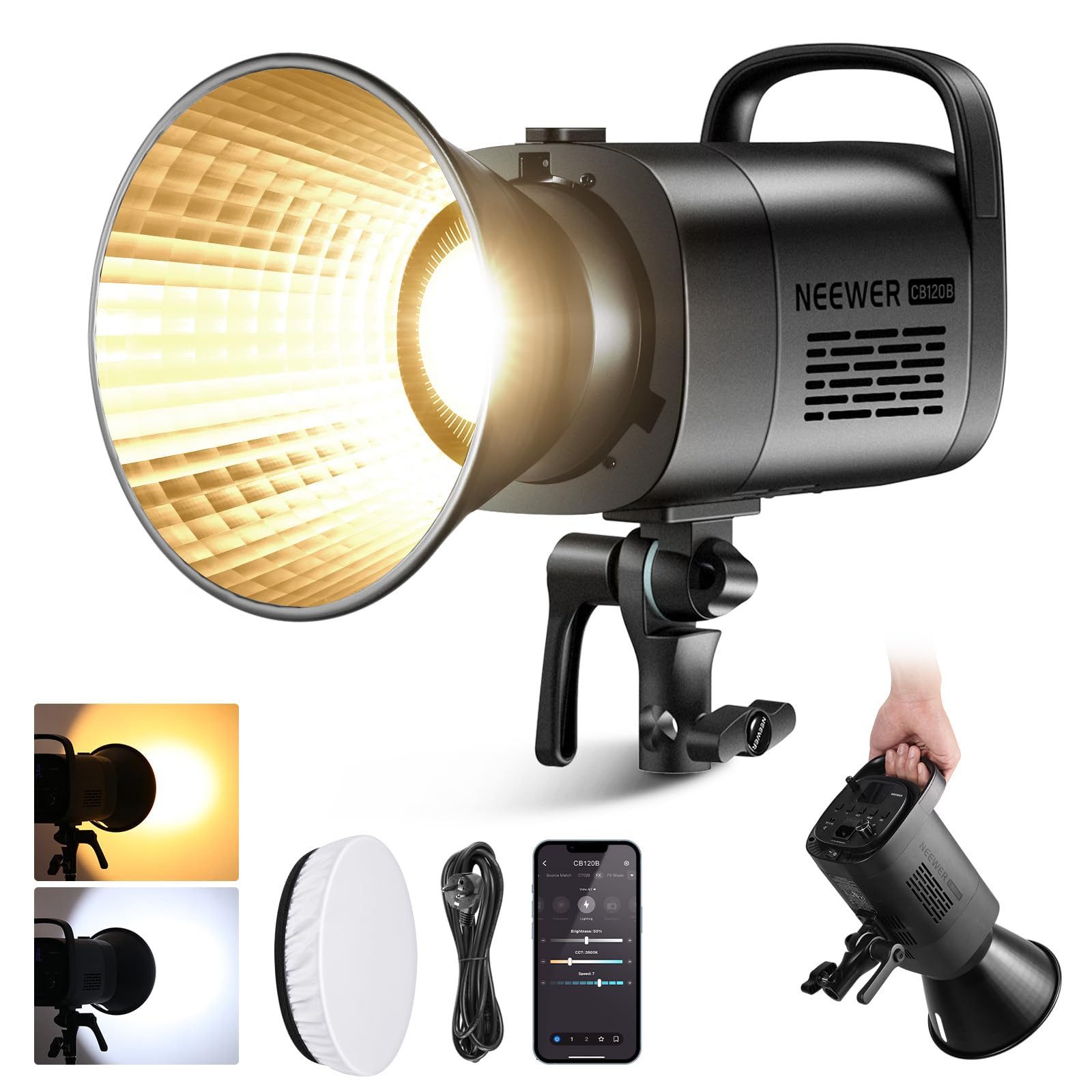 Neewer Videoleuchte CB120B 120W LED Videoleuchte, 2,4 G APP Steuerung, COB, zweifarbig, 2700K–6500K, 12 Szenen/Bowens Halterung, Dauerlicht für Studio