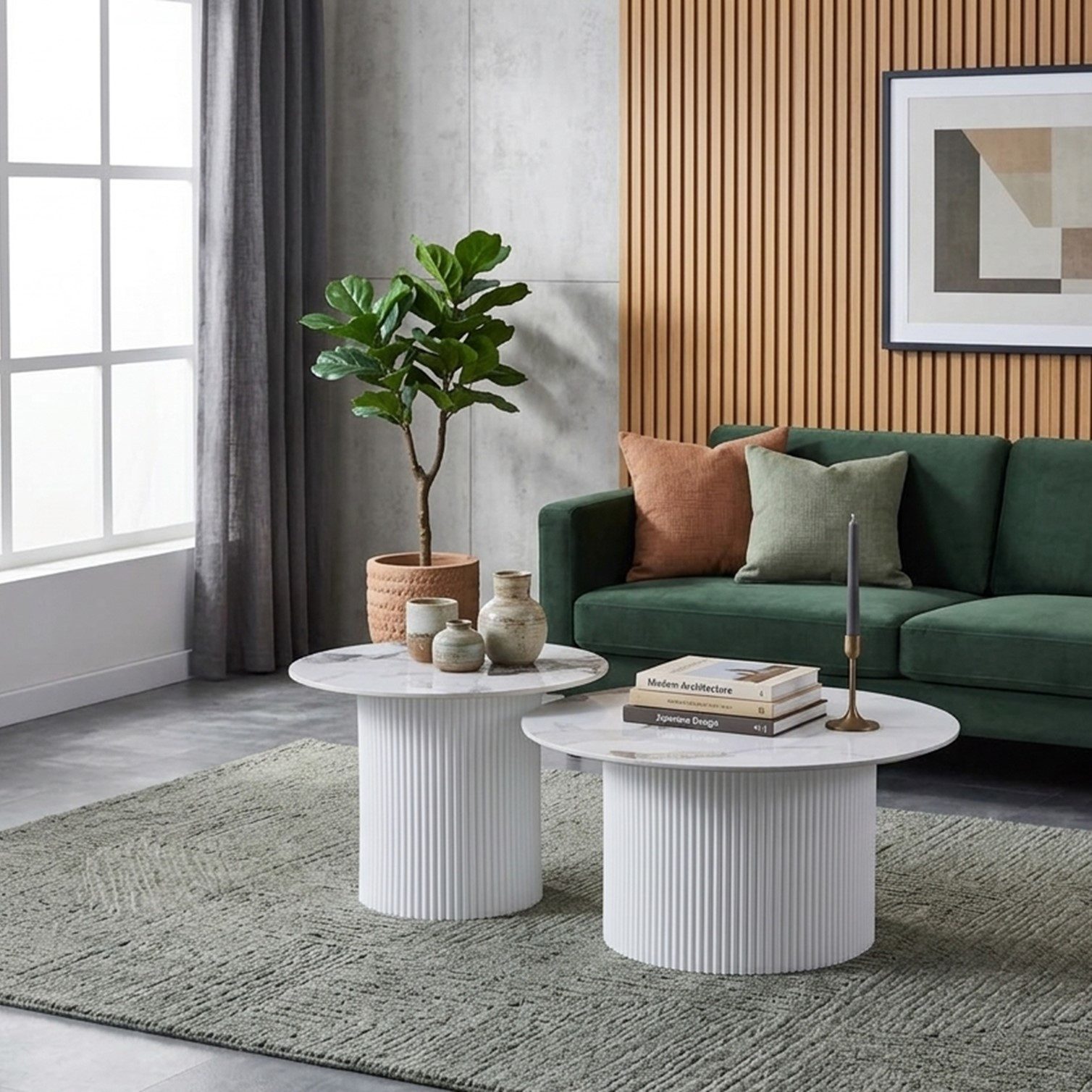 HOOZ Couchtisch Wohnzimmertisch Keramik rund 2er Set Trommel Gestell Weiß 80 & 60 cm (Set, 2-St., 2× Satztisch), Sofatisch mit geriffeltem Gestell – stabil & pf – Bild 2 von 5