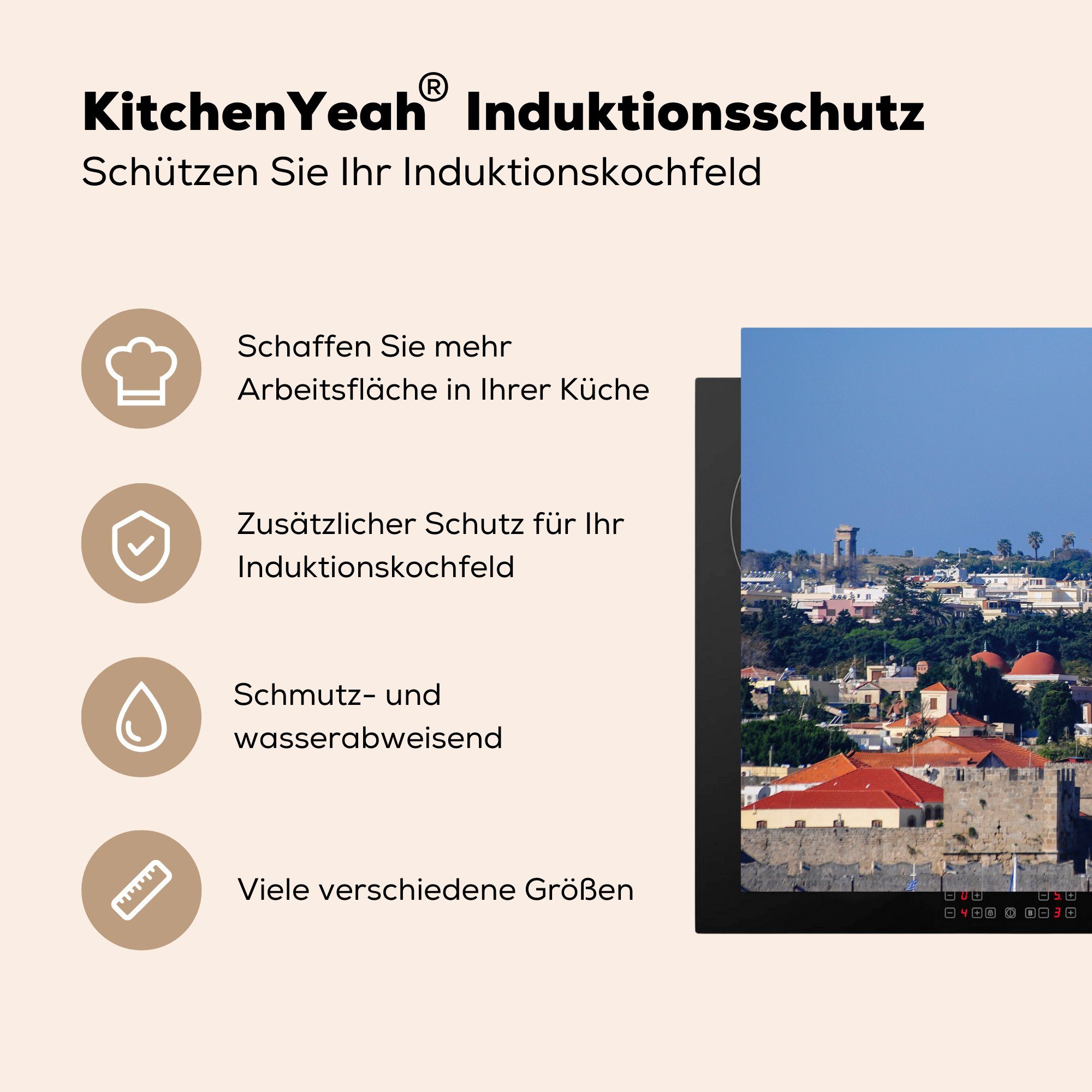 81x52 Blick Altstadt Induktionskochfeld Herdblende-/Abdeckplatte (1 Ceranfeldabdeckung Rhodos, cm, Schutz tlg), über Vinyl, die die küche, für von MuchoWow
