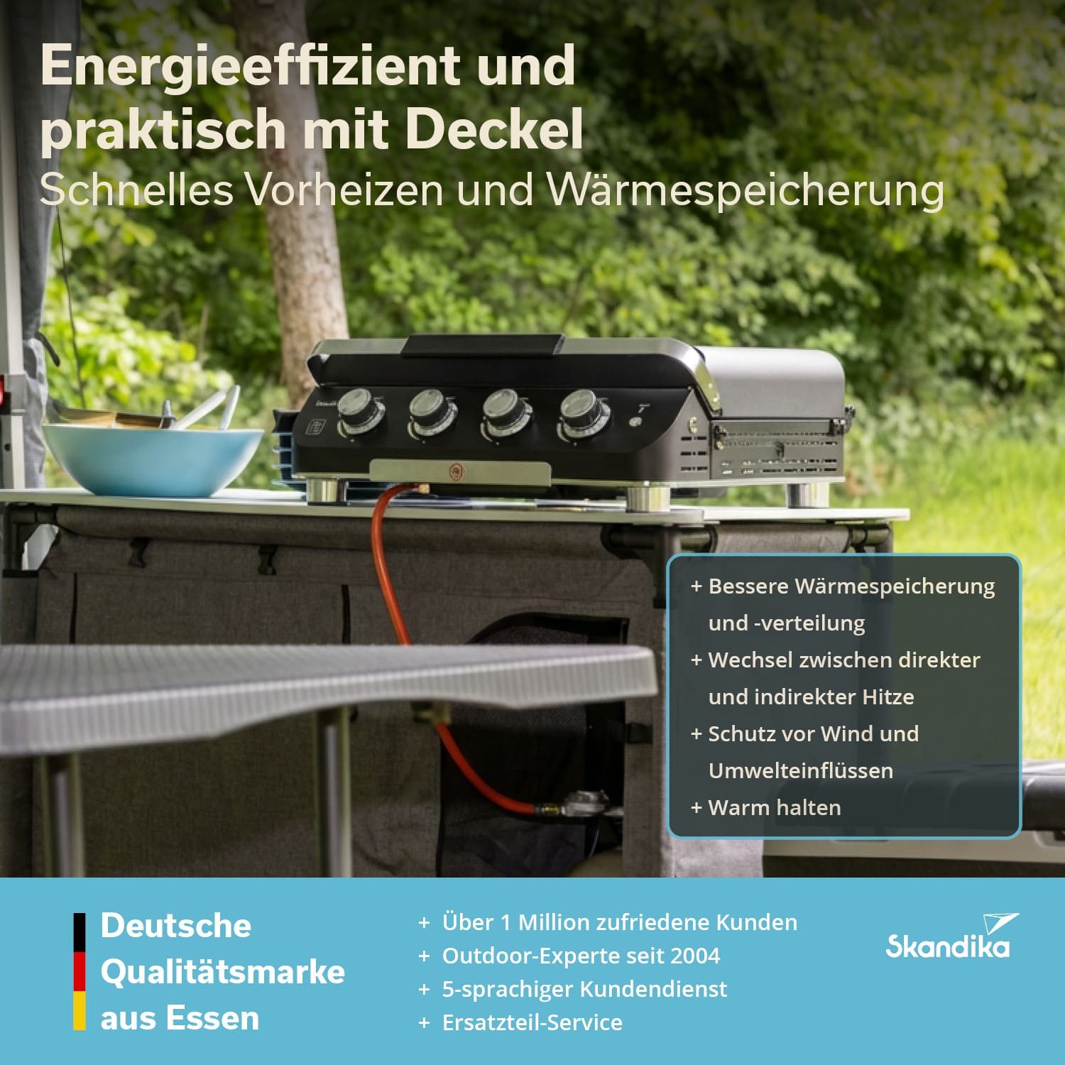 Skandika Camping-Gasgrill Plancha Grill Palo 4-Brenner Plus, Gasplancha Grillplatte mit Deckel, 4 Brenner, transportabler Gasgrill mit Kochplatte, Höhenverstellbare Füße, Seitliche Belüftungsöffnungen