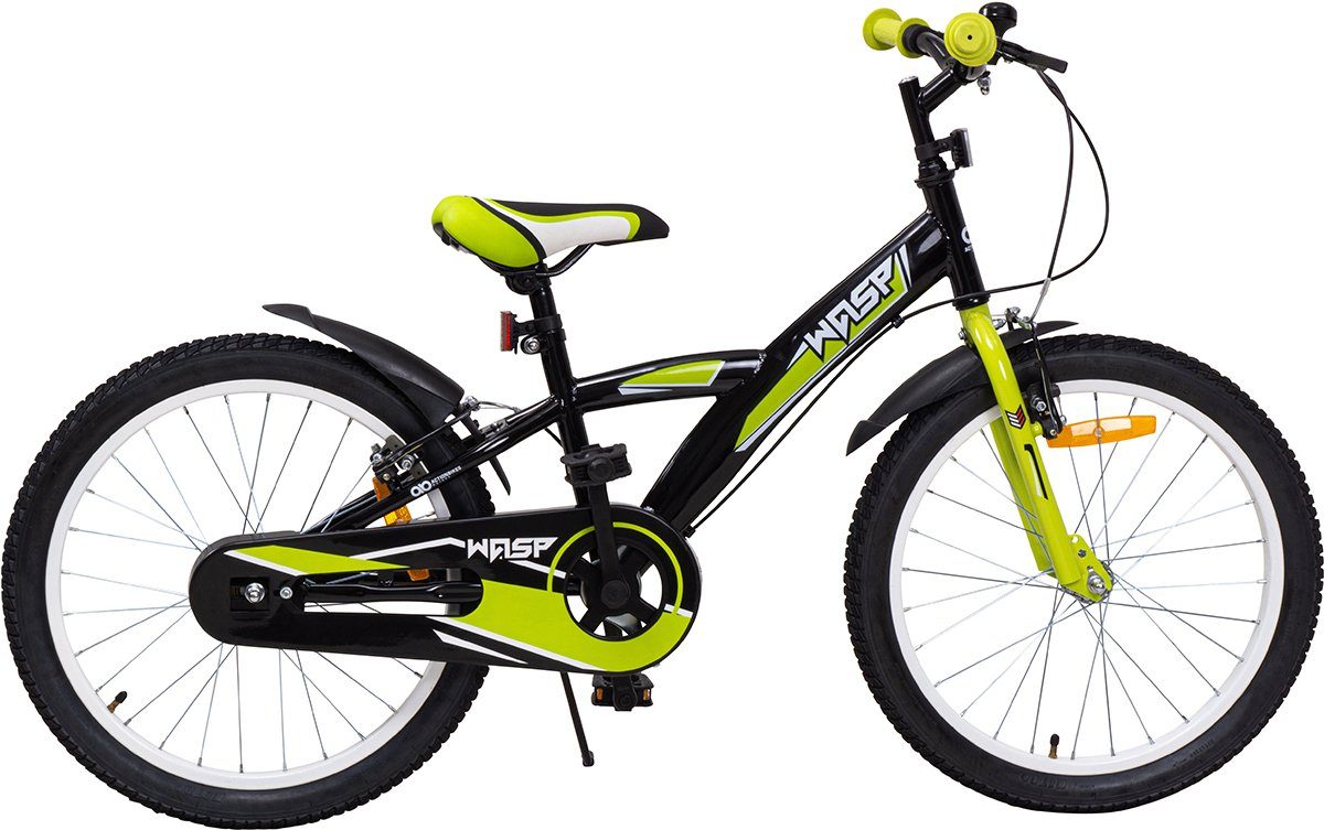 Actionbikes Motors Kinderfahrrad Kinder Fahrrad Wasp 20 Zoll, 1 Gang, ohne Schaltung, (20 Zoll, ab 115 cm Körpergröße, max. Zuladung 40 kg, Klingel, Katzenaugen, Reflektoren, Antirutschgriffe, Fahrradständer, Kettenschutz, V-Brake-Bremsen, Luftbereifung, Schutzbleche, schwarz / grün), höhenverstellbares Bike Jungen Mädchen Rad Kinderrad ab 6 Jahre