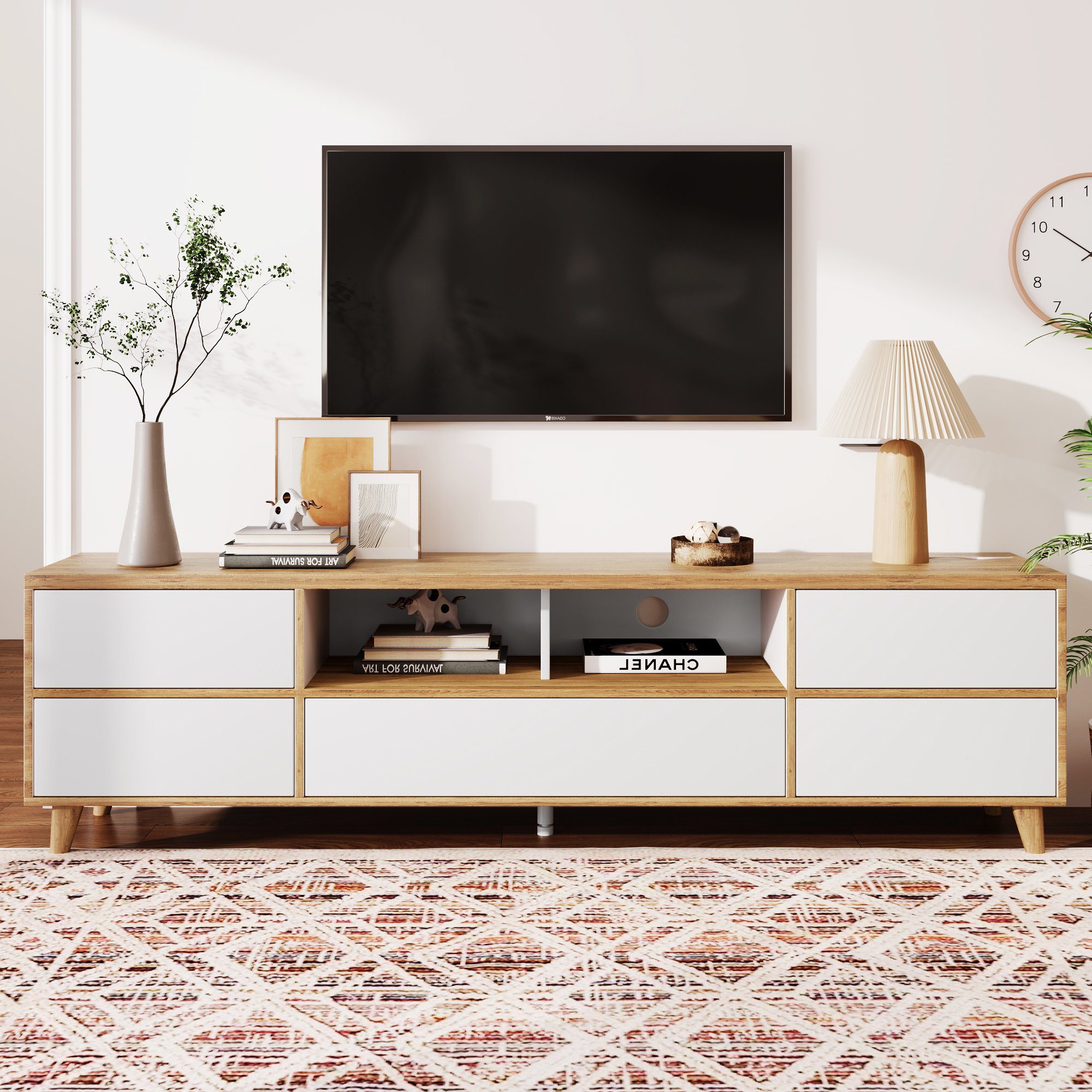 Odikalo TV-Schrank langer Schrank Lowboard mit Fächern Türen natürlich Landhausstil Weiß