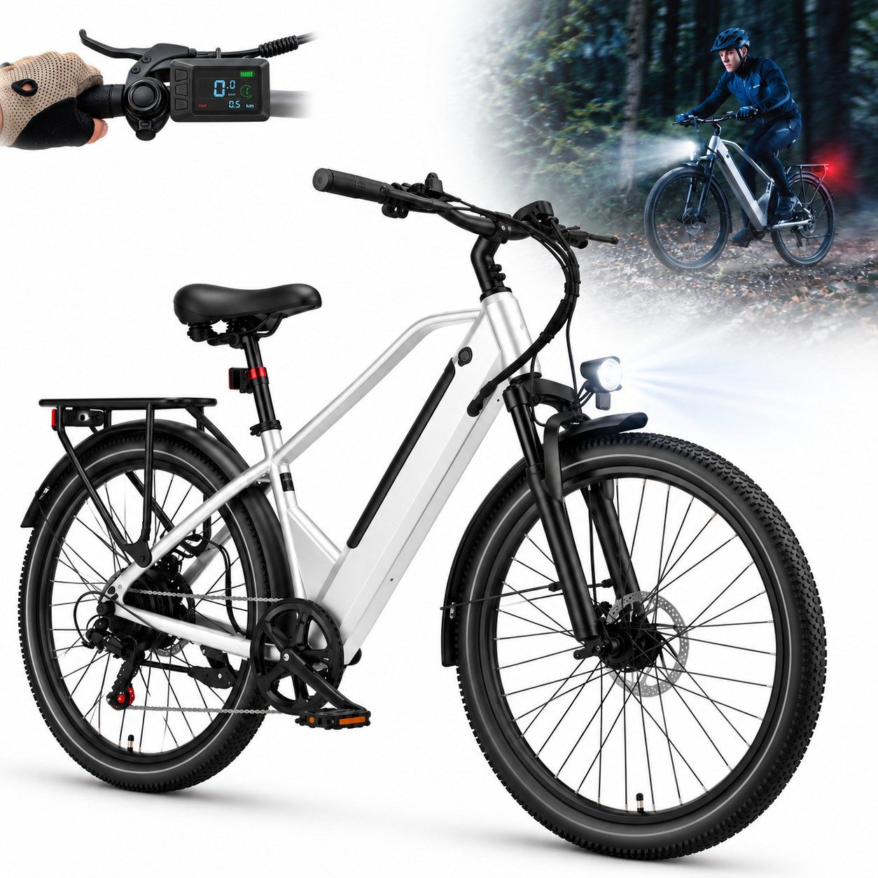 OOTD E-Bike City-E-Bike 26" 36V 14,5Ah Akku bis 75km, 250W Heckmotor, Shimano 7-Gang, 7 Gang Shimano Tourney Schaltwerk, Kettenschaltung, Tiefer Einstieg, gefederte Sattelstütze, Farb-LCD-Display