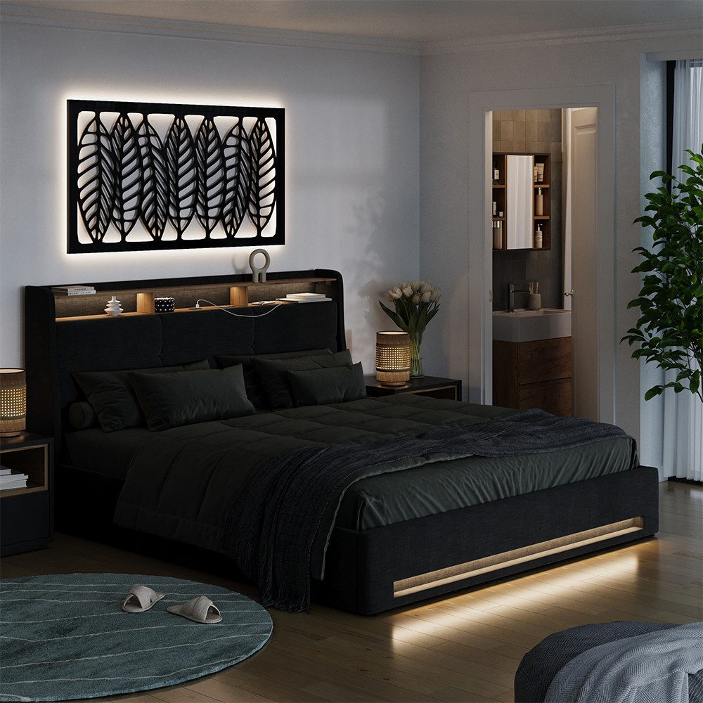 VitaliSpa® Polsterbett Christin, Anthrazit/Eiche, 180x200 mit LED, USB-Anschluss & Matratze (2-tlg)