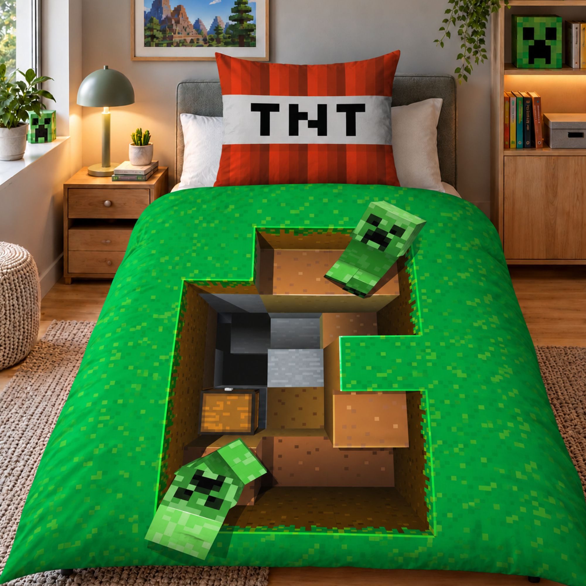 Familando Kinderbettwäsche Minecraft 135x200 80x80 cm Wendebettwäsche Base, Linon, 2 teilig, 2 Motive mit 3D Pixel Design Creeper für …